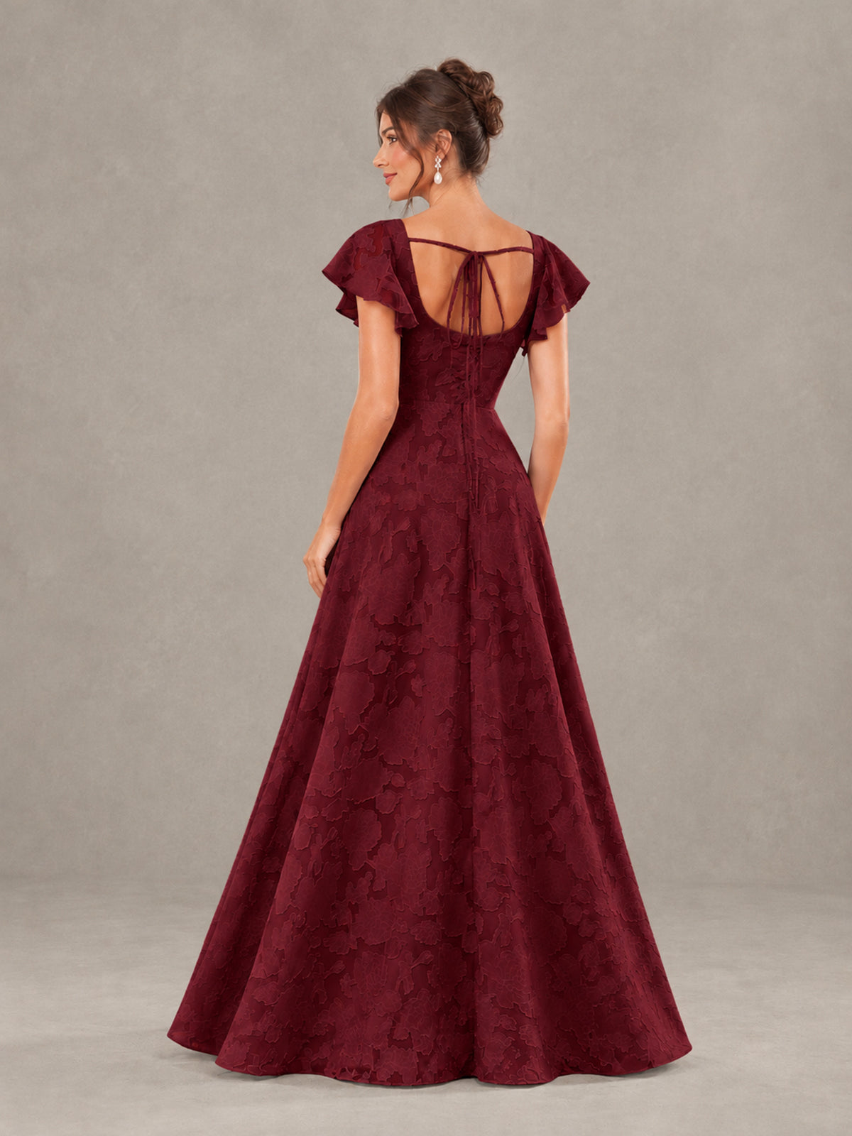 BOLODOO Burgundy Floral Flutter Sleeve Bridesmaid Dress with Slit - Burgundy - Burgundy (2)