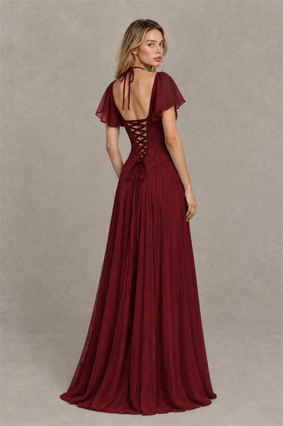BOLODOO Burgundy Flutter Sleeve Lace Corset A-Line Maxi Dress - Burgundy - Burgundy (2)