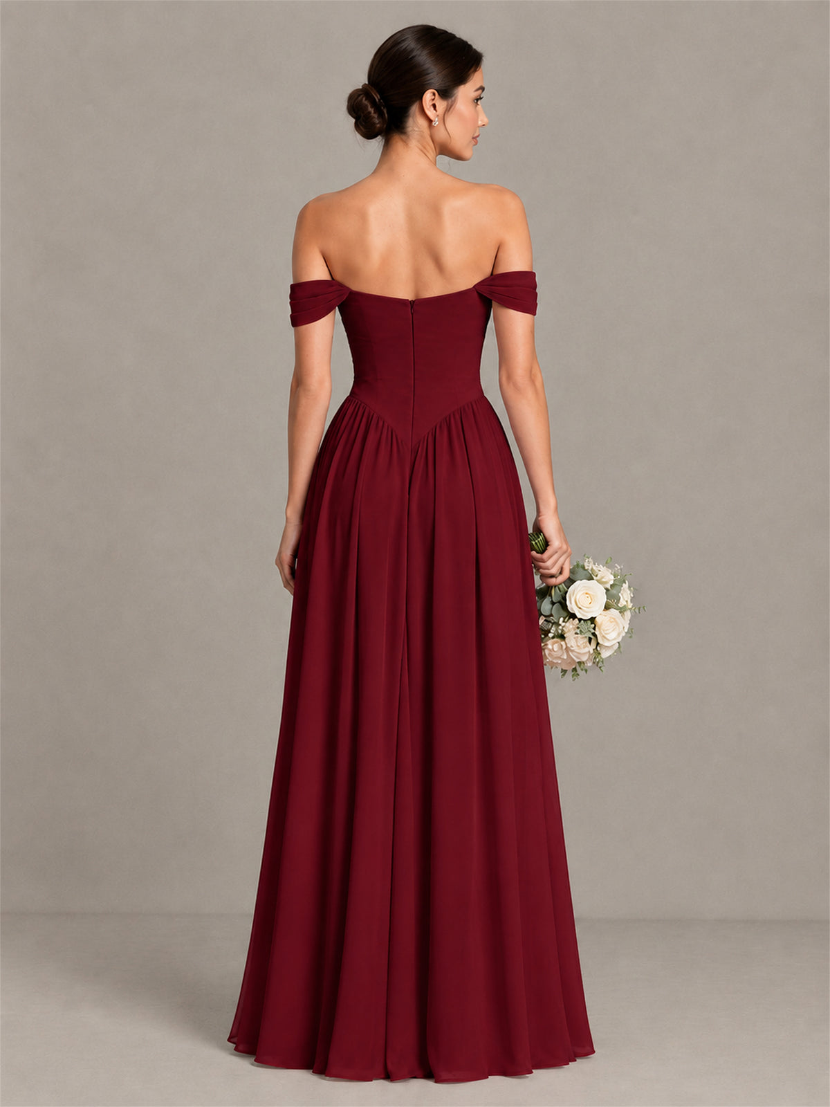 BOLODOO Burgundy Off-Shoulder Chiffon A-Line Bridesmaid Dress - Burgundy