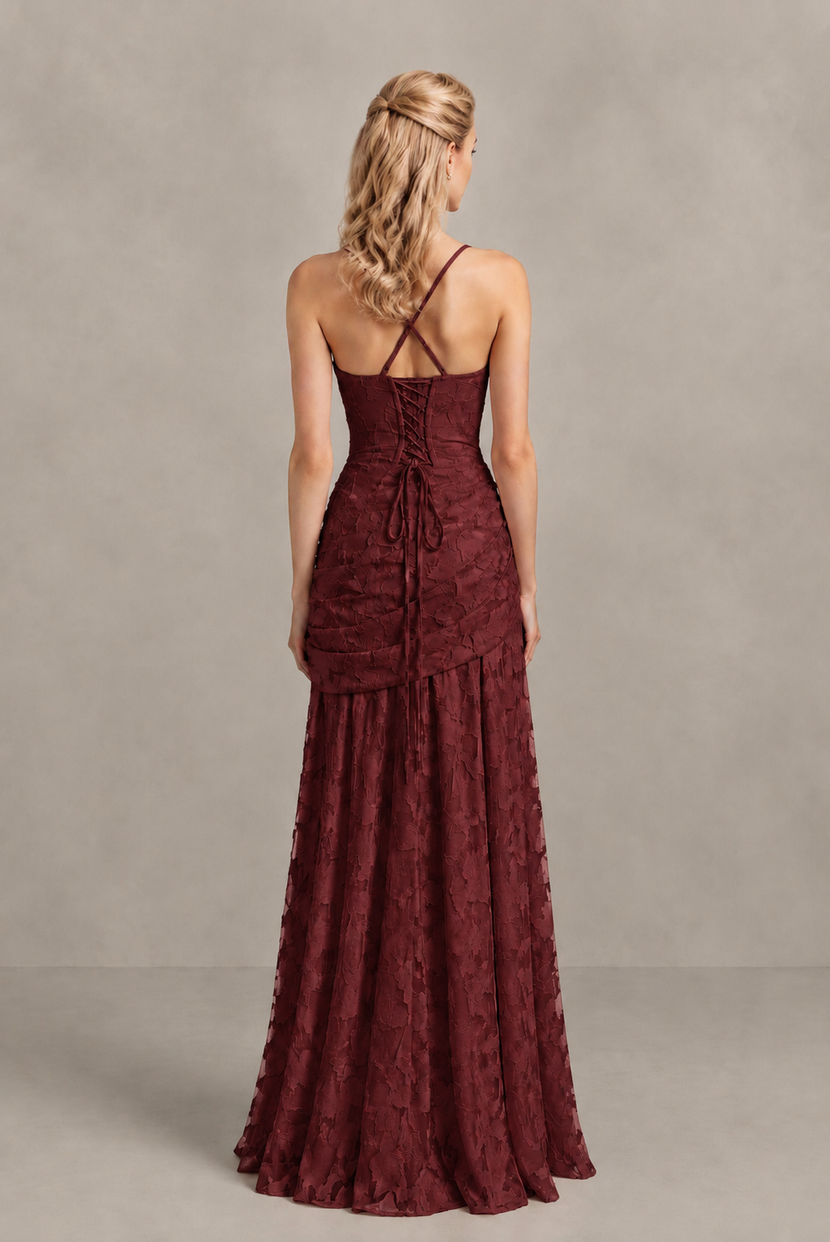 BOLODOO Burgundy Ruched Floral Maxi Dress with Lace-Up Back - Burgundy