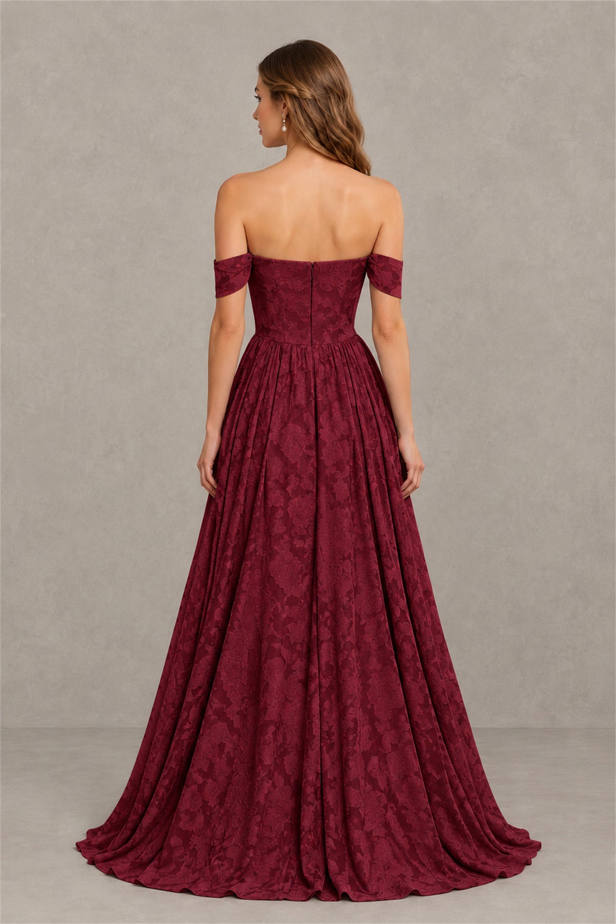 BOLODOO Burgundy Off-Shoulder Floral A-Line Maxi Dress - Burgundy