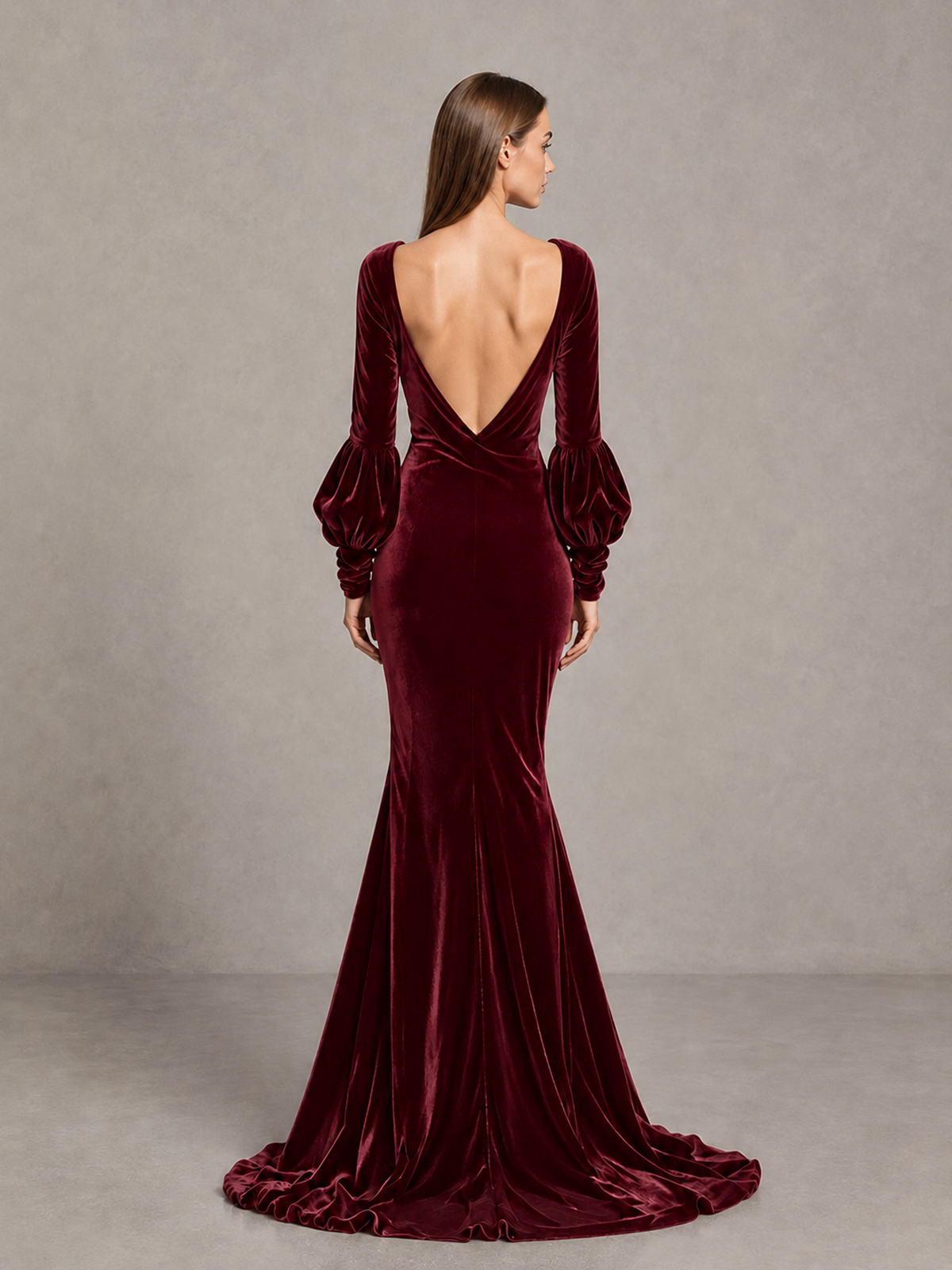 BOLODOO Burgundy Velvet V-Neck Long Sleeve Open Back Mermaid Evening Gown - Burgundy - Burgundy (2)