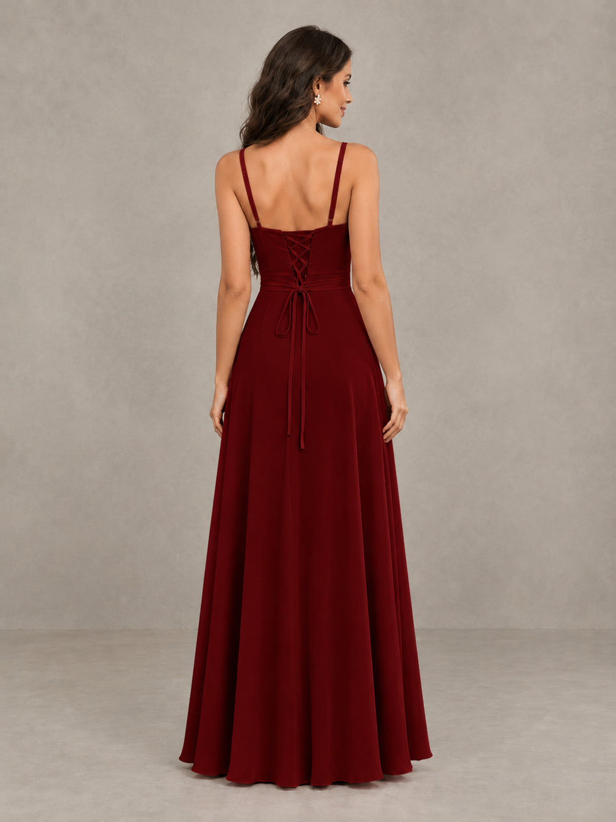 BOLODOO Burgundy Spaghetti Strap Ruffle Bridesmaid Dress with Slit - Burgundy - Burgundy (2)