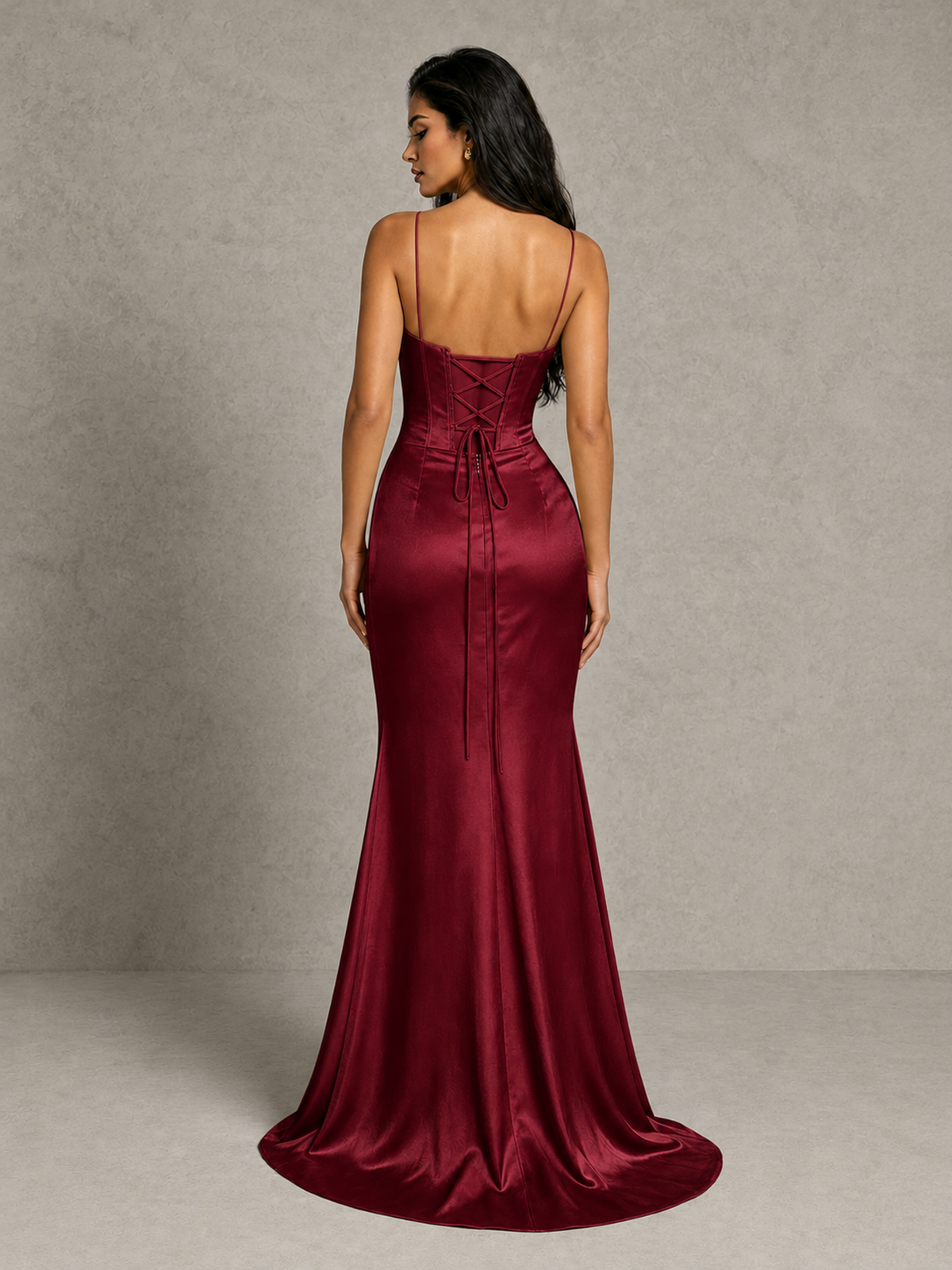 BOLODOO Burgundy Satin Corset Prom Dress with High Slit & Lace-Up Back - Burgundy - Burgundy (2)