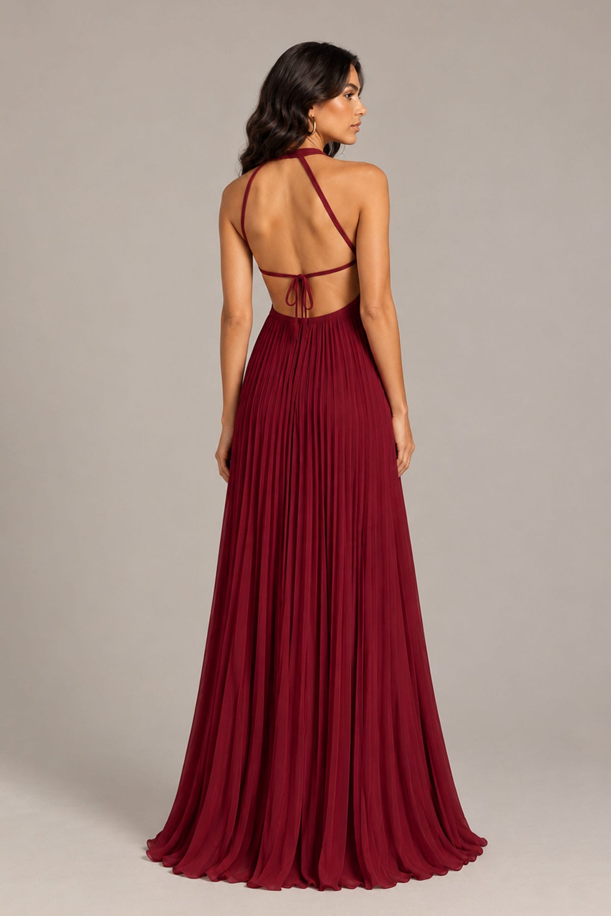 BOLODOO Burgundy Halter Neck Pleated Chiffon Maxi Dress with Side Slit - Burgundy
