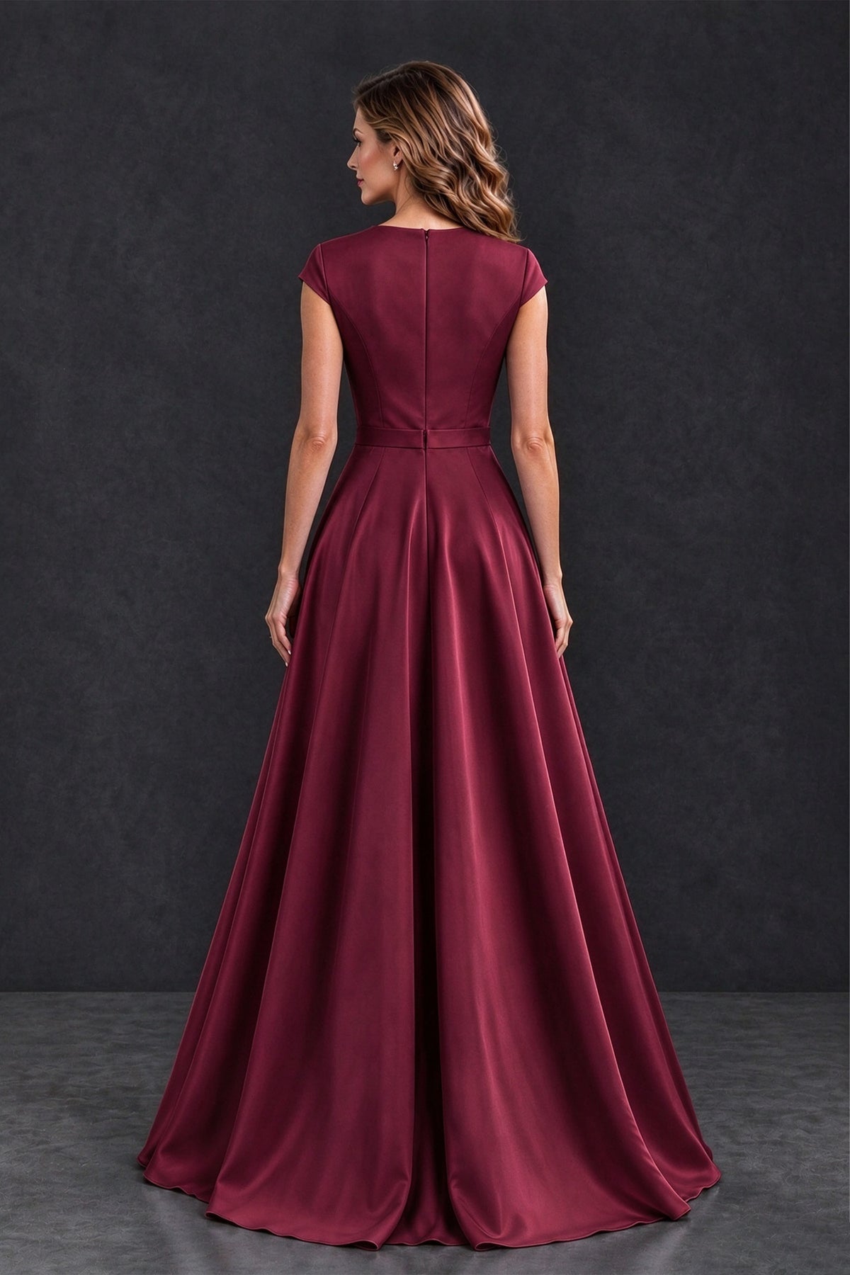 BOLODOO Burgundy Satin and Lace V-Neck Mother of the Bride Dress - Burgundy - Burgundy (2)