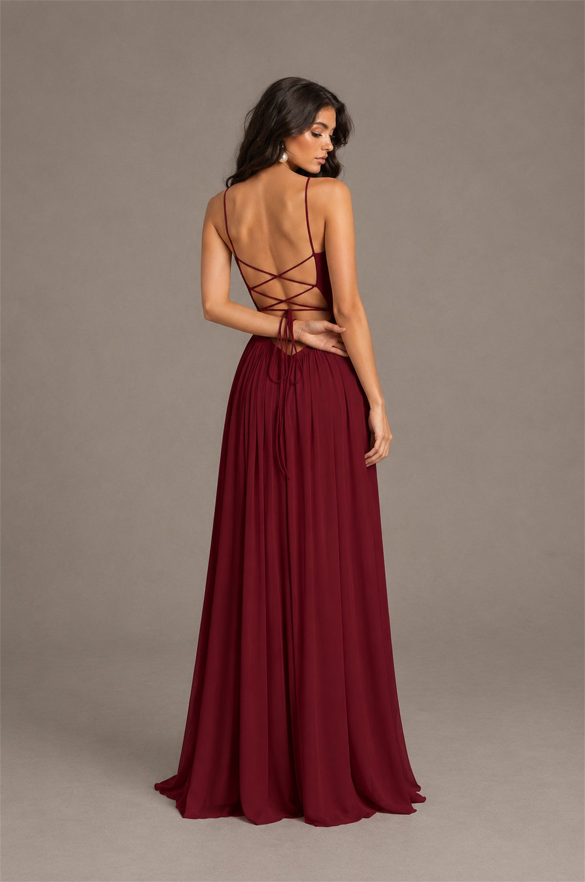 BOLODOO Burgundy Spaghetti Strap Square Neck Ruched Chiffon Maxi Dress with Lace-Up Back - Burgundy