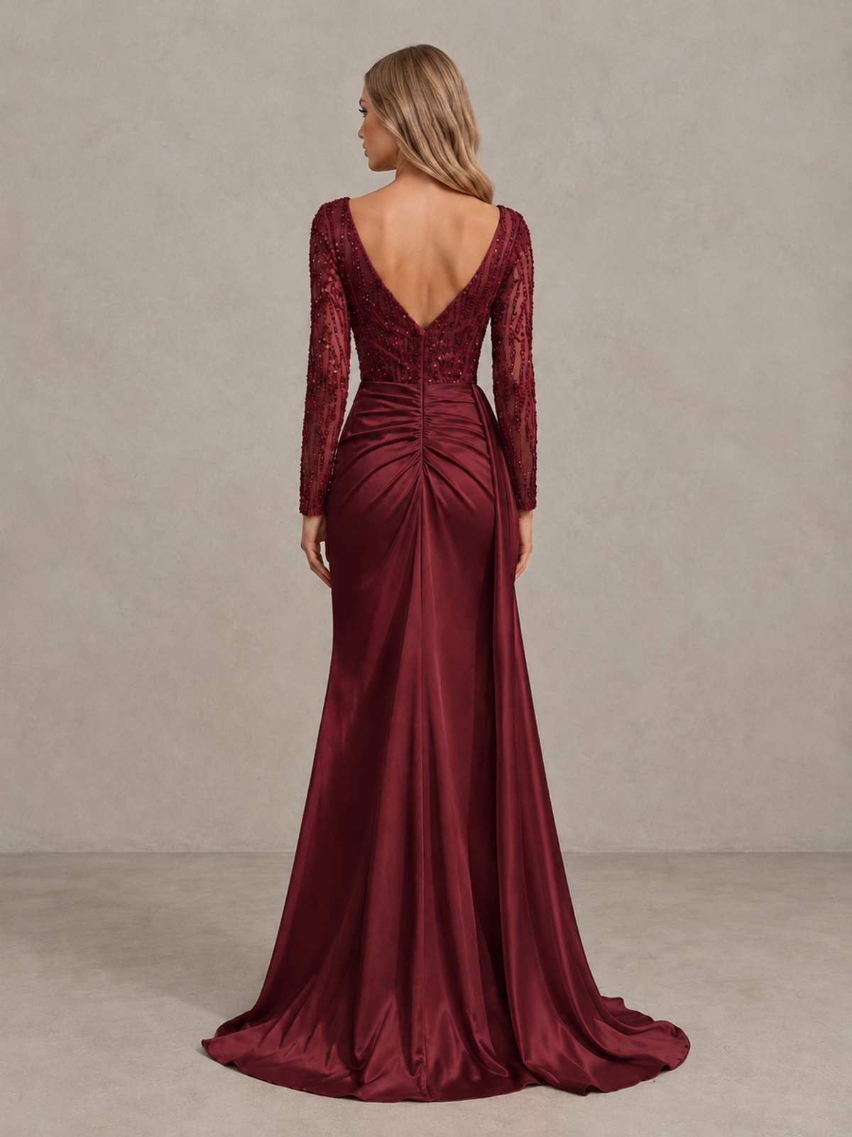 BOLODOO Burgundy Long Sleeve Lace Evening Dress with High Slit - Burgundy - Burgundy (2)