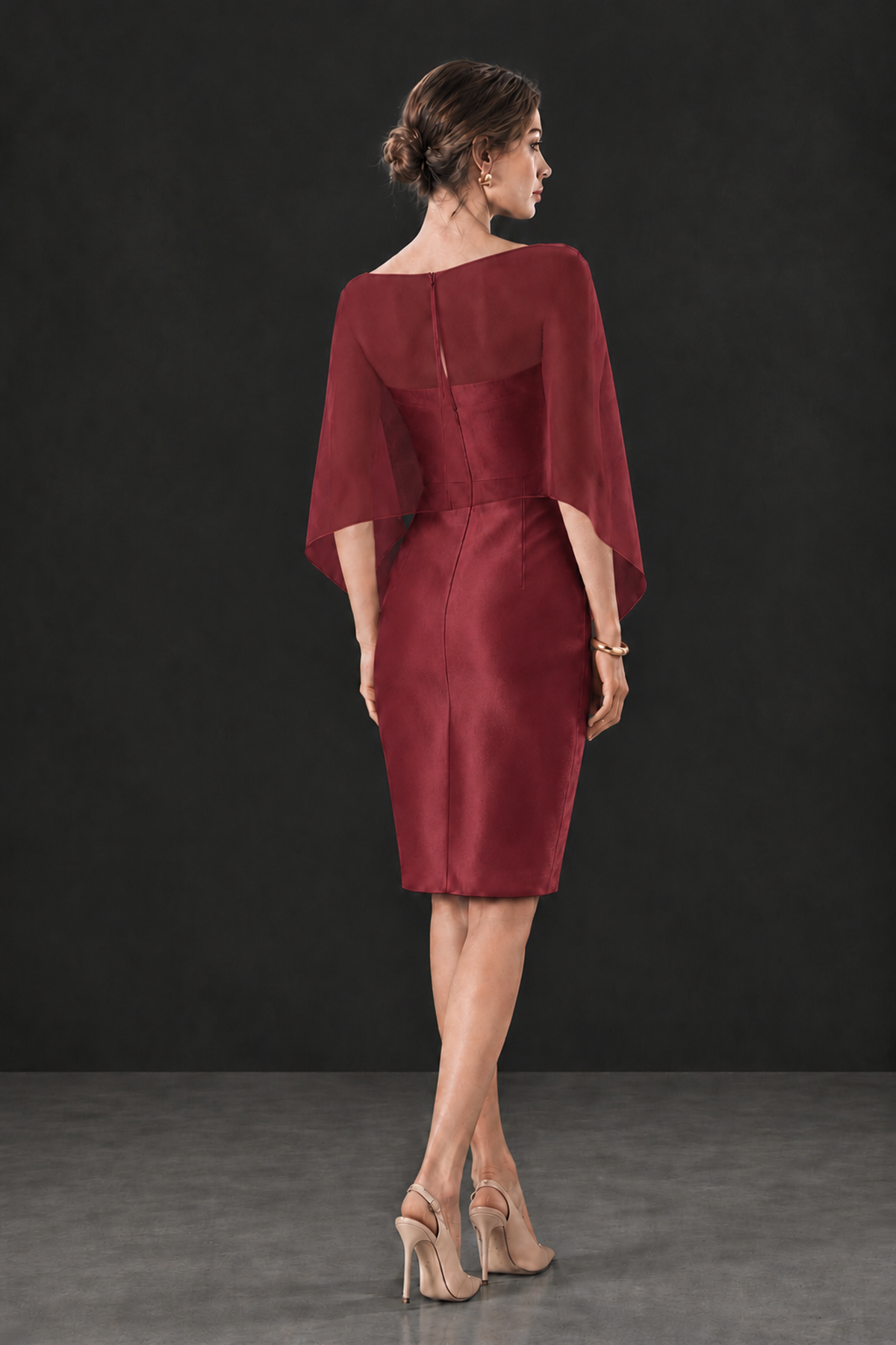 BOLODOO Burgundy Cape Knee-Length Mother of the Bride Dress - Burgundy - Burgundy (2)