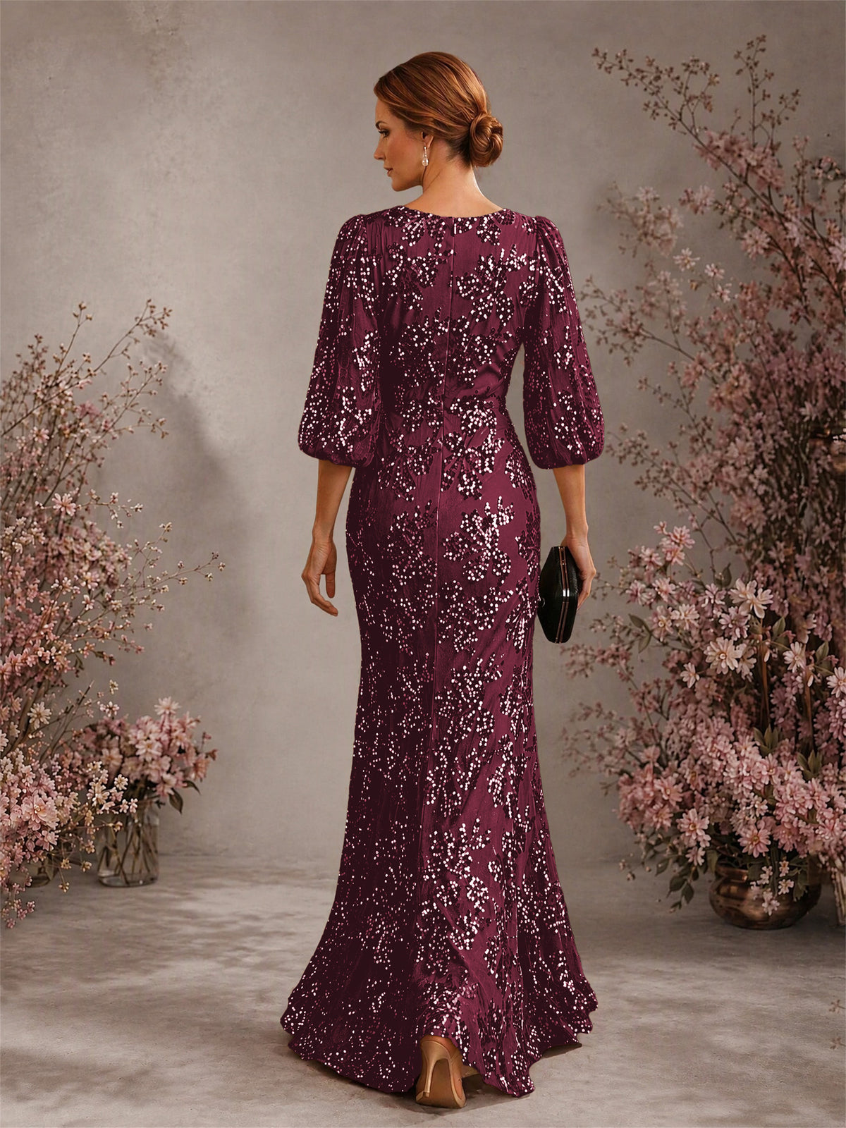 BOLODOO Burgundy V-Neck Lantern Sleeve All-Over Sequin Floral Embroidered Mermaid Gown - Burgundy