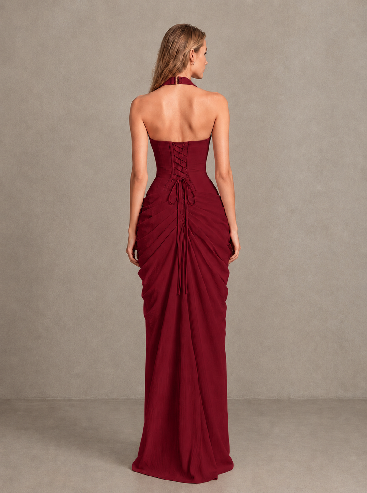 BOLODOO Burgundy Halter Neck Ruched Maxi Dress with High Slit - Burgundy