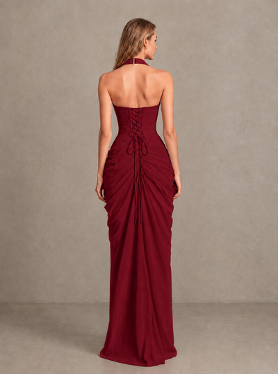 BOLODOO Burgundy Halter Neck Ruched Maxi Dress with High Slit - Burgundy