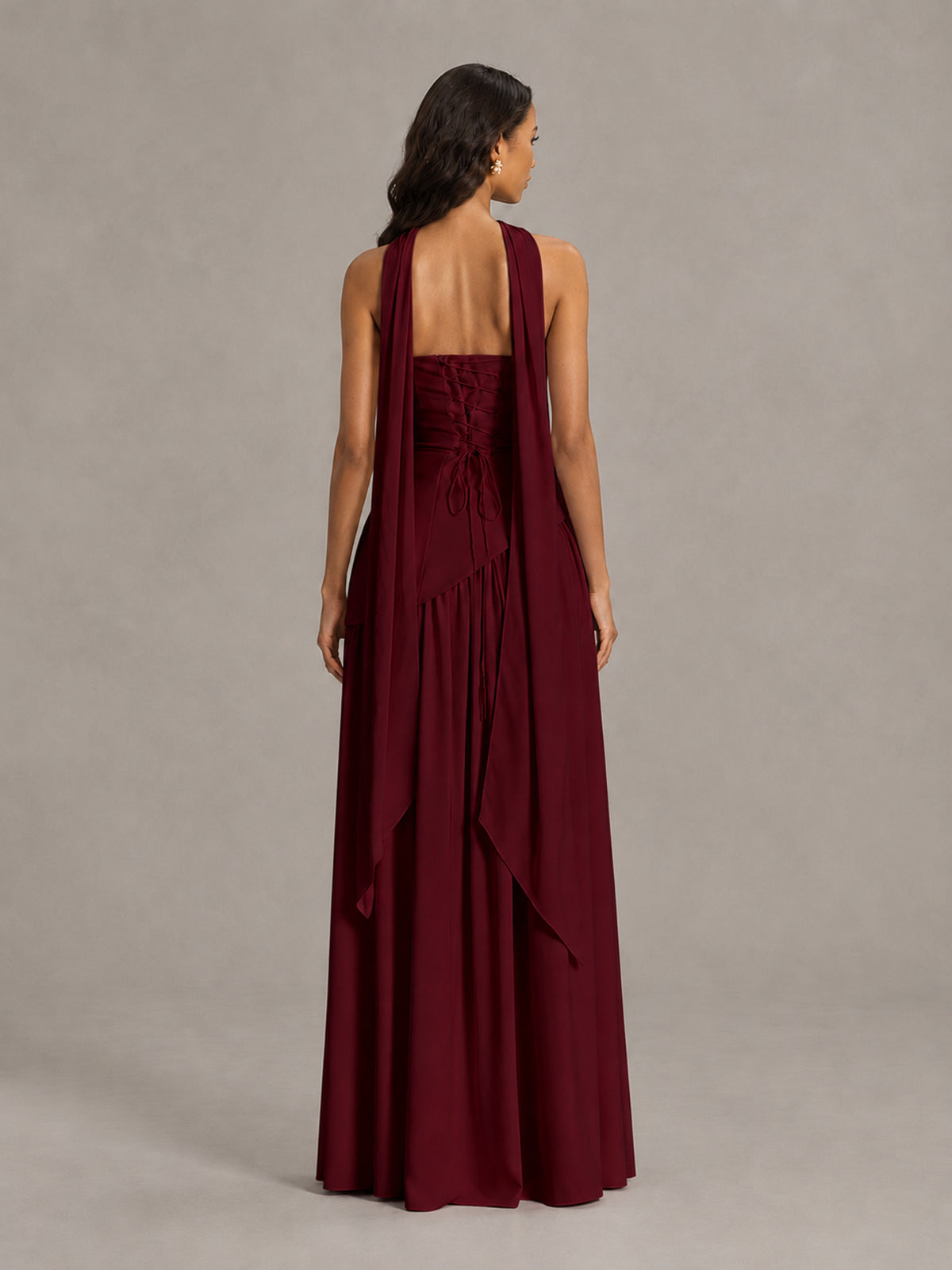 Burgundy Strapless Bridesmaid Dress with Scarf & High Slit - Burgundy - Burgundy (2)