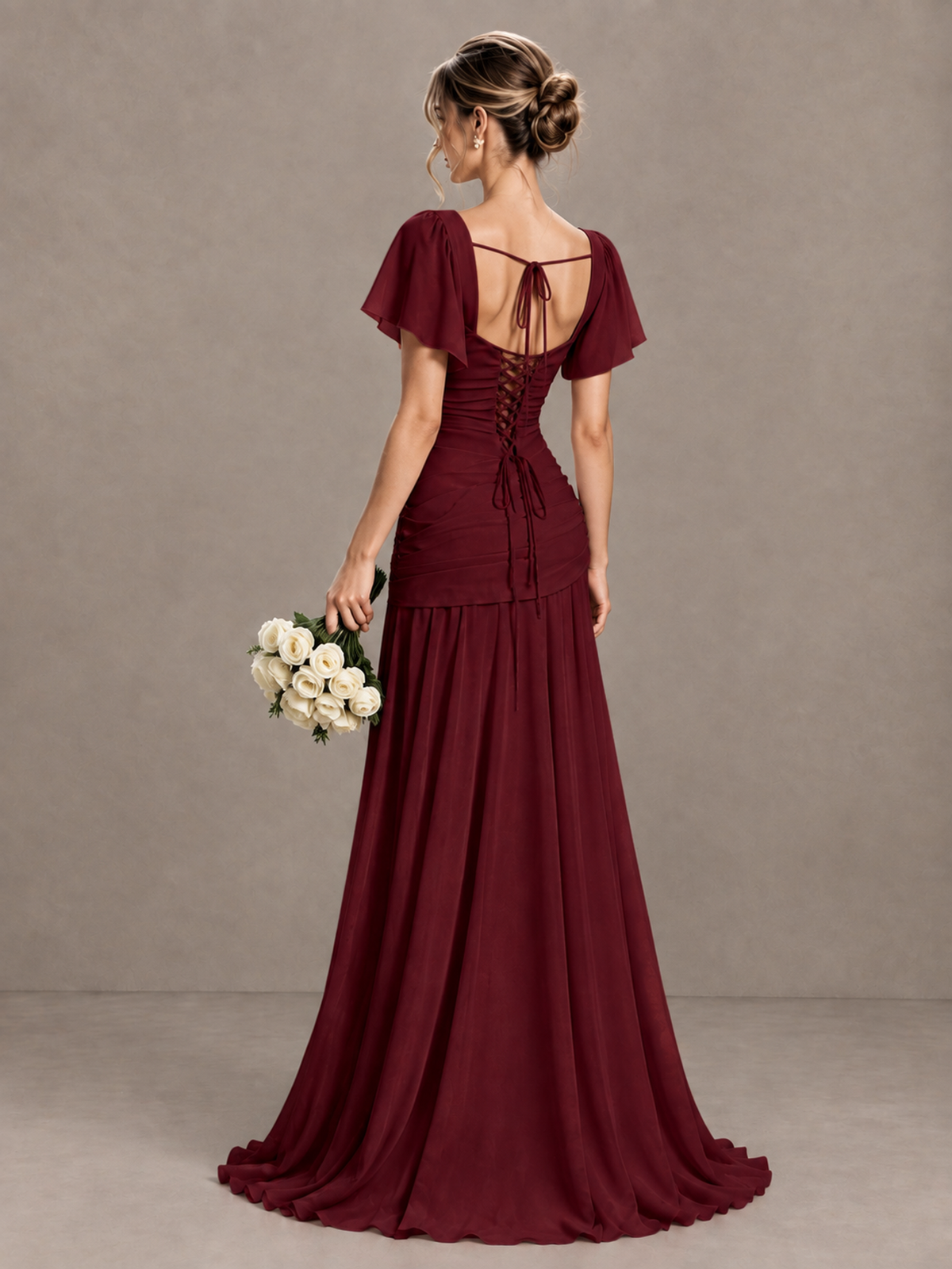 BOLODOO Burgundy Flutter Sleeve Lace-Up Back Maxi Dress - Burgundy