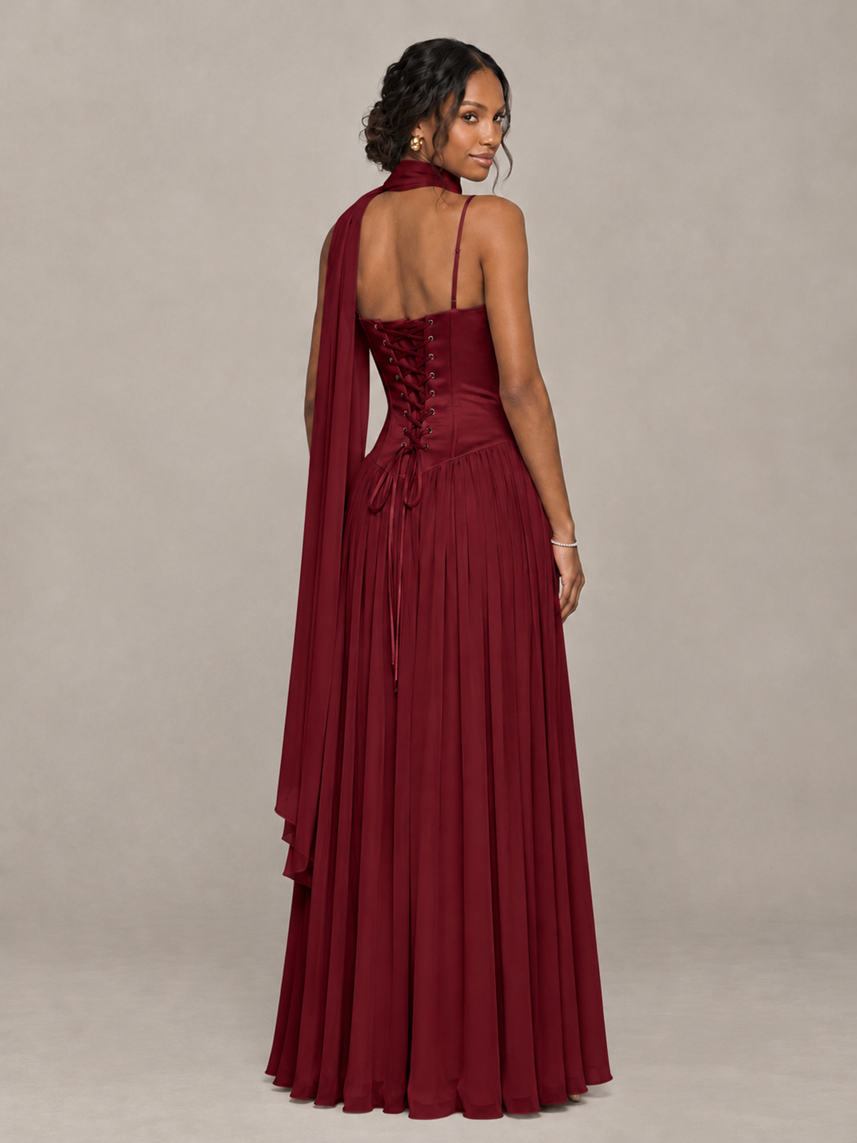 BOLODOO Burgundy Corset Bridesmaid Dress with Scarf - Burgundy - Burgundy (2)