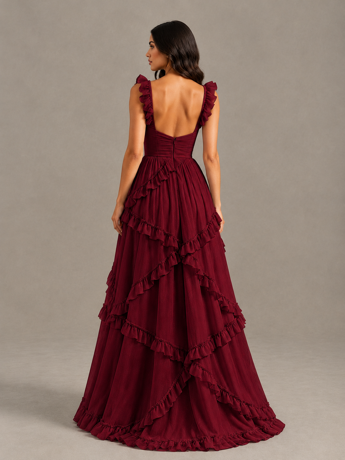 BOLODOO Burgundy Ruffle A-Line Prom Dress with Open Back - Burgundy - Burgundy (2)