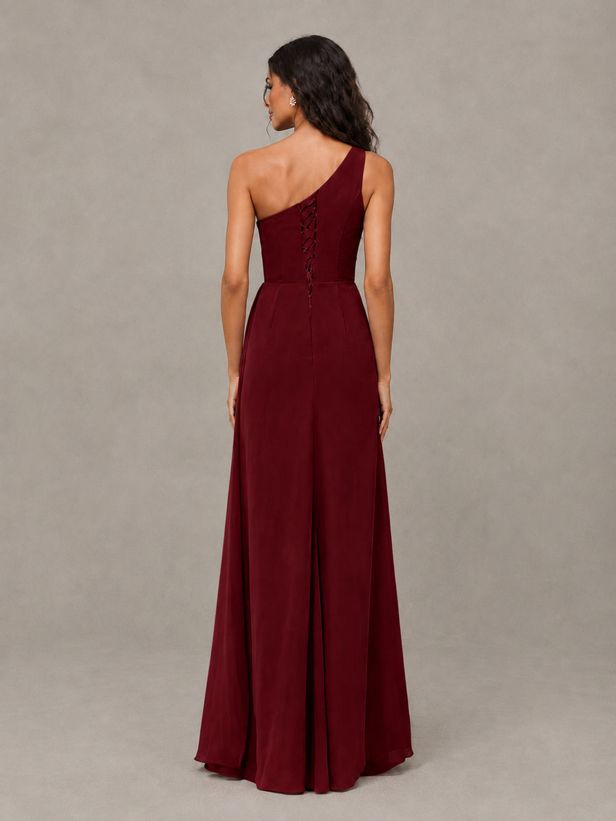 BOLODOO Burgundy One-Shoulder Chiffon Bridesmaid Dress with Ruched Bodice & High Slit - Burgundy - Burgundy (2)