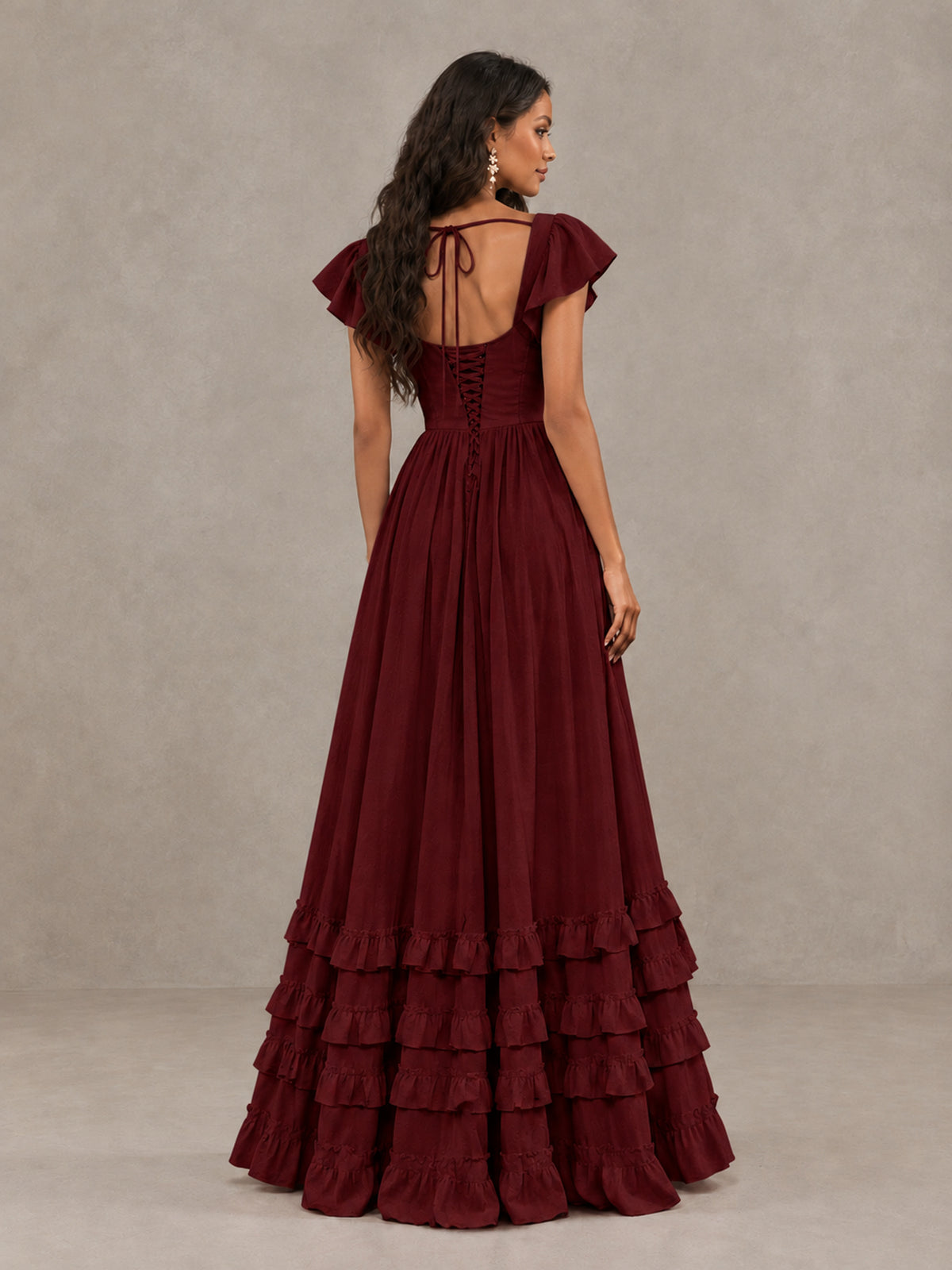 BOLODOO Burgundy Flutter Sleeve Ruffle Bridesmaid Dress with Slit - Burgundy - Burgundy (2)