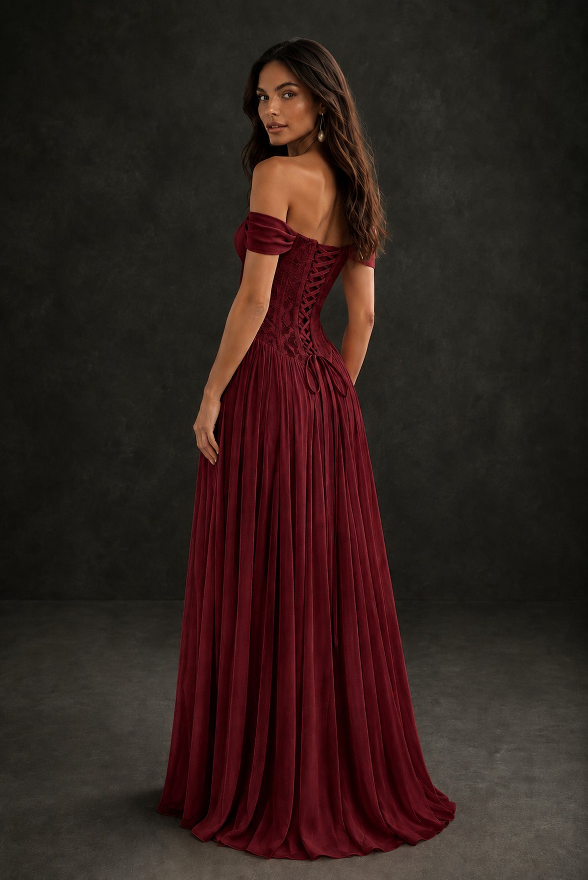 BOLODOO Burgundy Off-Shoulder Lace Corset Tulle Maxi Dress - Burgundy