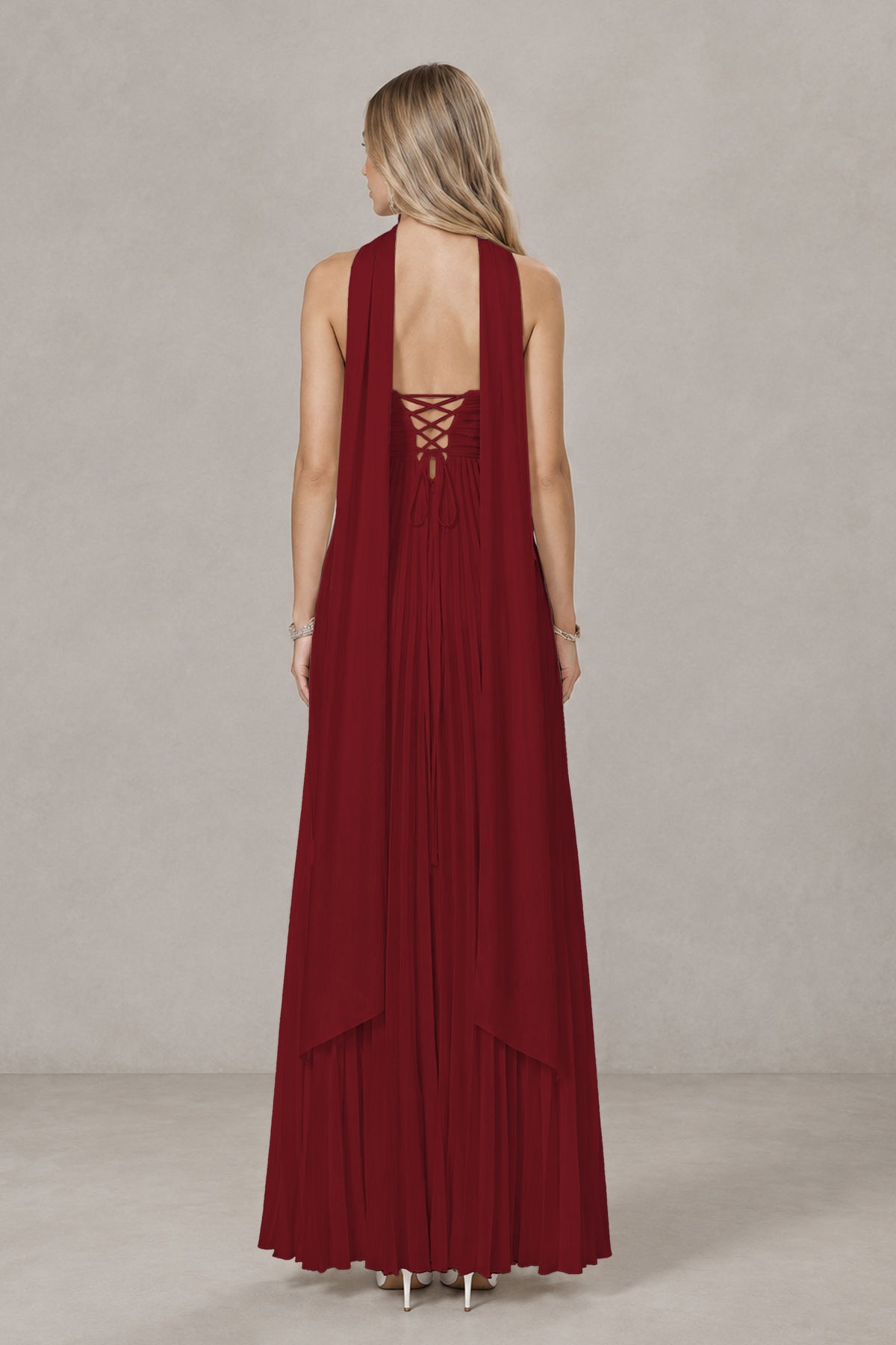 BOLODOO Burgundy Strapless Chiffon-Look Maxi Dress with Lace-Up Back & Cape - Burgundy