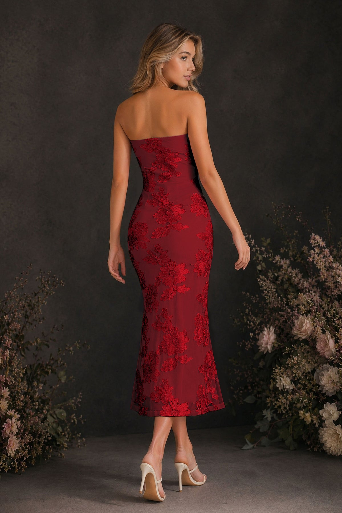 BOLODOO Burgundy Tonal Floral Embroidered Mesh Strapless Open Back Bodycon Midi Tea Length Dress - Burgundy