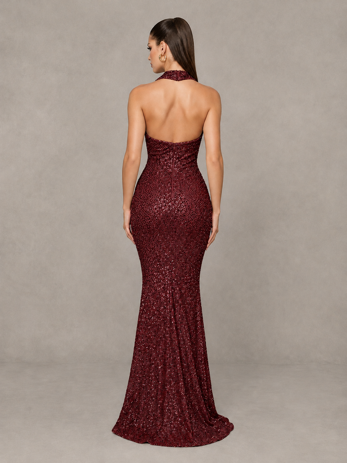 BOLODOO Burgundy Sequin Halter Mermaid Evening Gown - Burgundy - Burgundy (2)