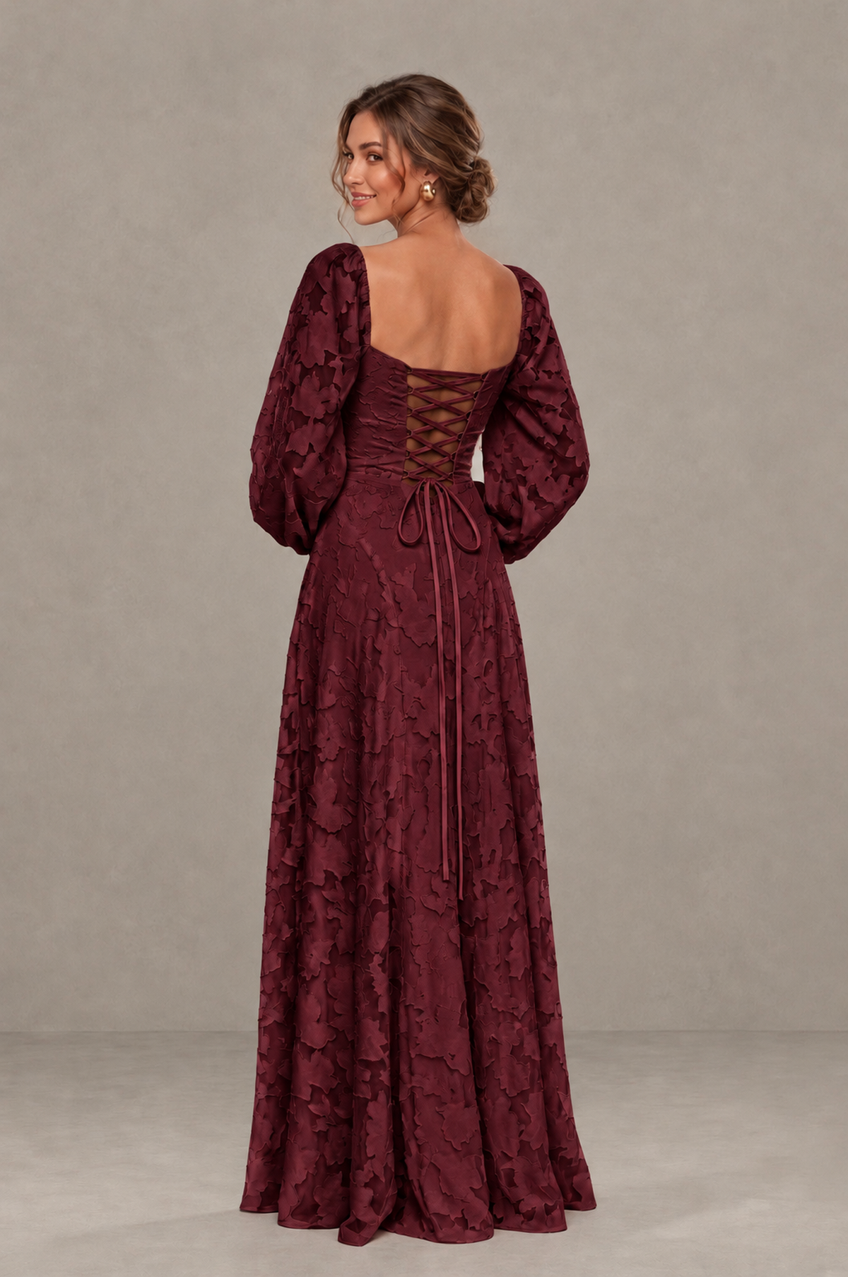 BOLODOO Floral Burgundy Long Sleeve A-Line Dress with Lace-Up Back - Burgundy