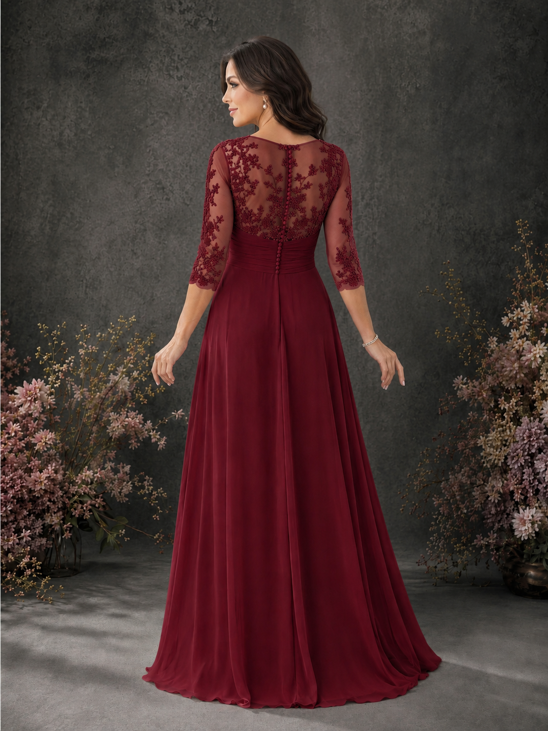 BOLODOO Burgundy Chiffon Lace Illusion Neckline 3/4 Sleeve Floor Length Formal Gown - Burgundy