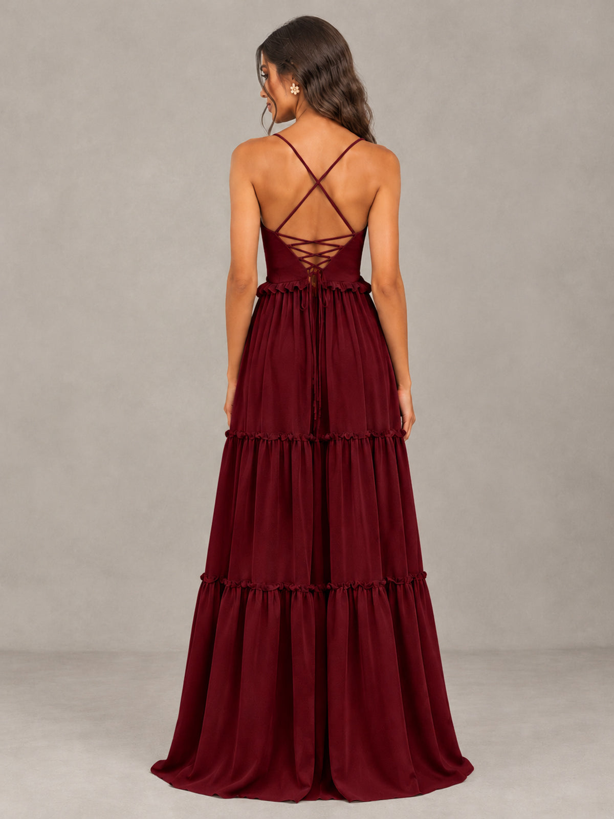 BOLODOO Burgundy Tiered V-Neck Lace-Up Back Bridesmaid Dress - Burgundy - Burgundy (2)