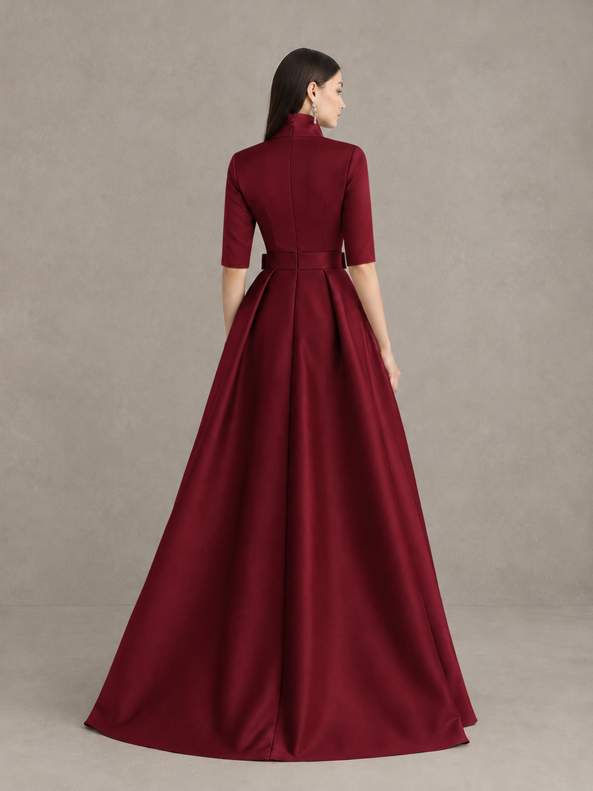 BOLODOO Burgundy Stand Collar Bow Waist Floral Embroidered Evening Gown - Burgundy - Burgundy (2)