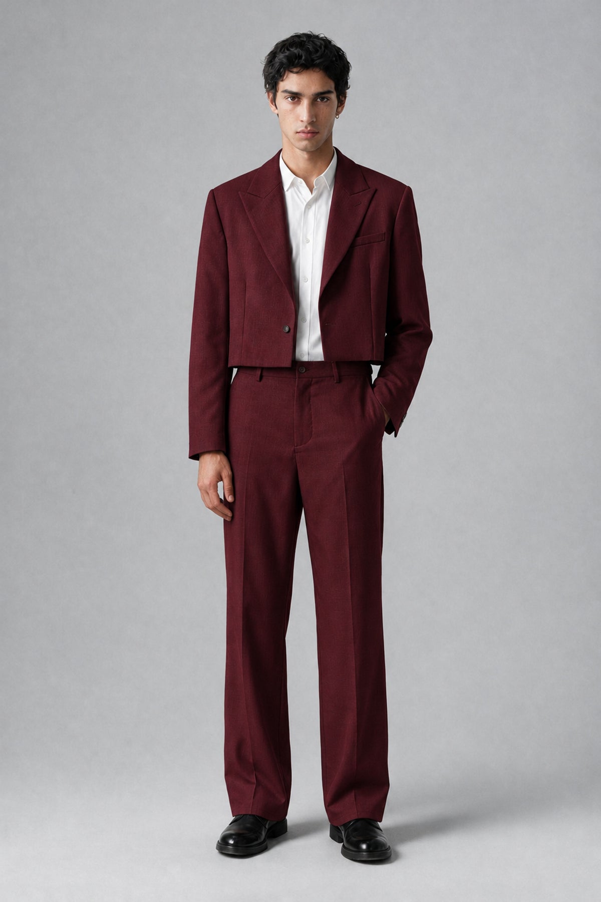 Bolodoo Men's Burgundy Cropped Blazer & Wide-Leg Trousers 2-Piece Suit - Burgundy - Burgundy (2)