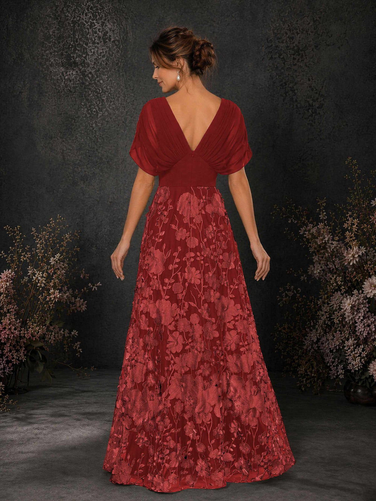 BOLODOO Burgundy & Burgundy Chiffon V-Neck Flutter Sleeve Floral Embroidered A-Line Gown BD0414 - Burgundy
