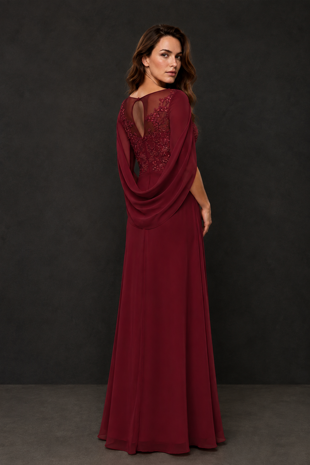 BOLODOO Burgundy Illusion Lace One-Side Cape Sleeve Beaded Chiffon Floor Length Gown | Mother of the Bride Evening Dress - Burgundy