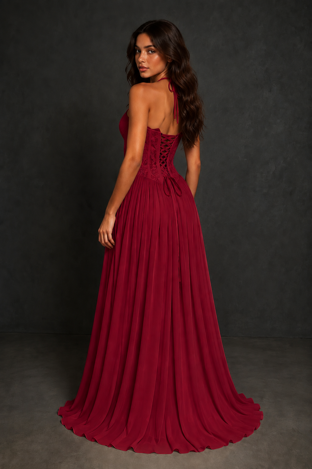 BOLODOO Burgundy Lace Corset Halter Maxi Gown – Backless A-Line Formal Dress - Burgundy