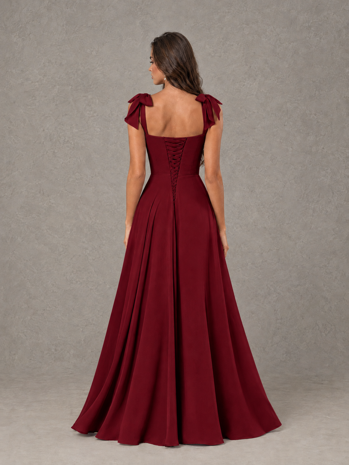BOLODOO Burgundy Bow-Strap Bridesmaid Dress with Ruffle Slit - Burgundy - Burgundy (2)