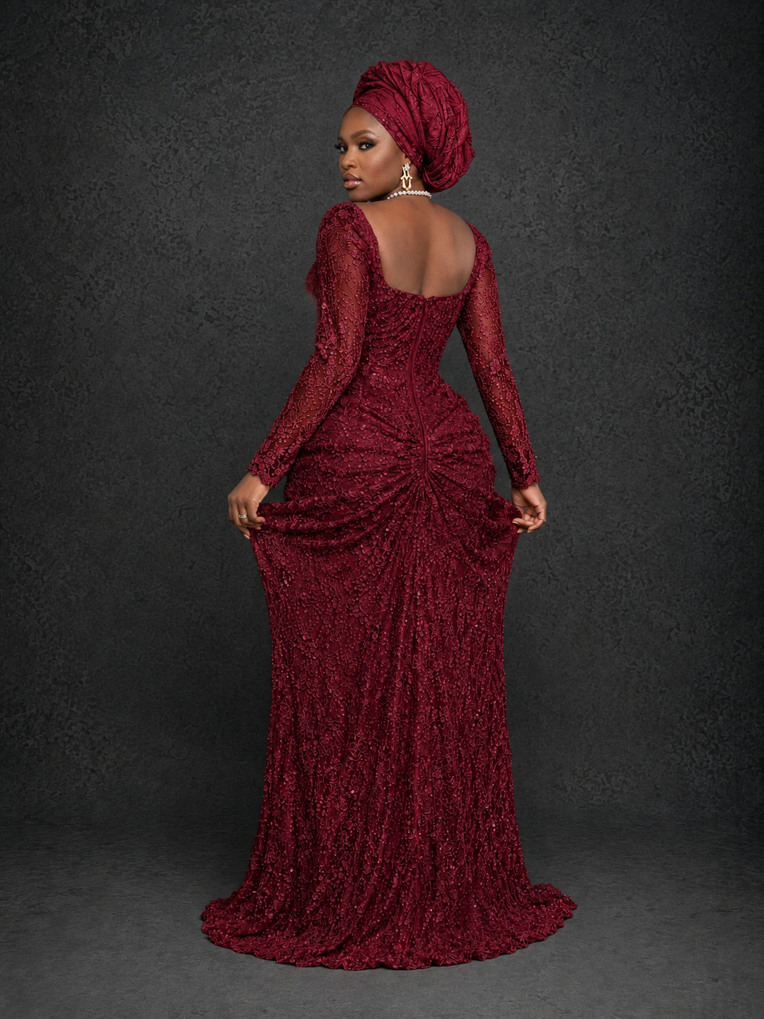 BOLODOO Burgundy Beaded Lace Long Sleeve Mermaid Gown Sweetheart | Mother of the Bride - Burgundy