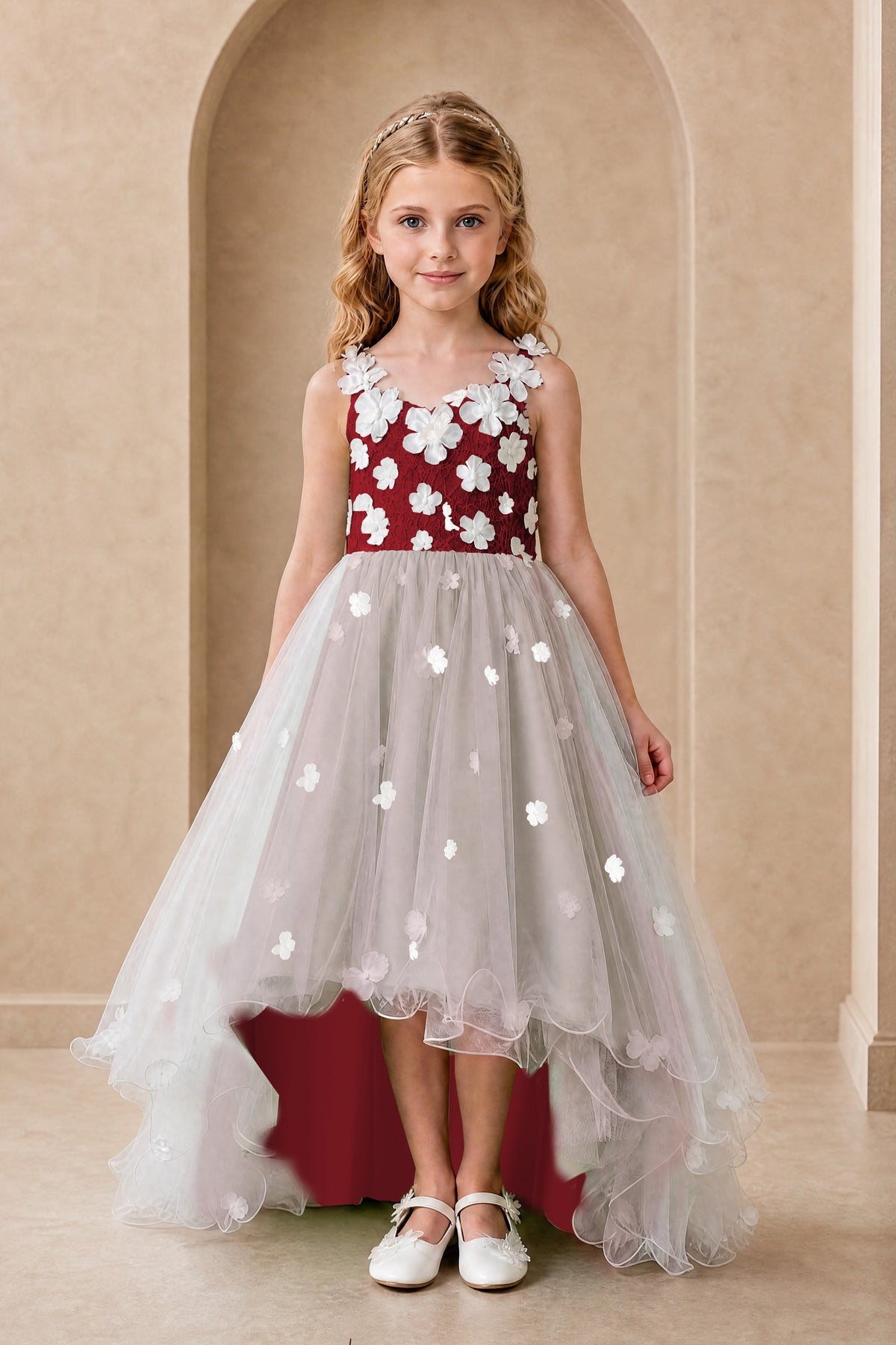 BOLODOO Burgundy Flower Girl Dress with Floral Appliqué and High-Low Tulle Skirt - Burgundy