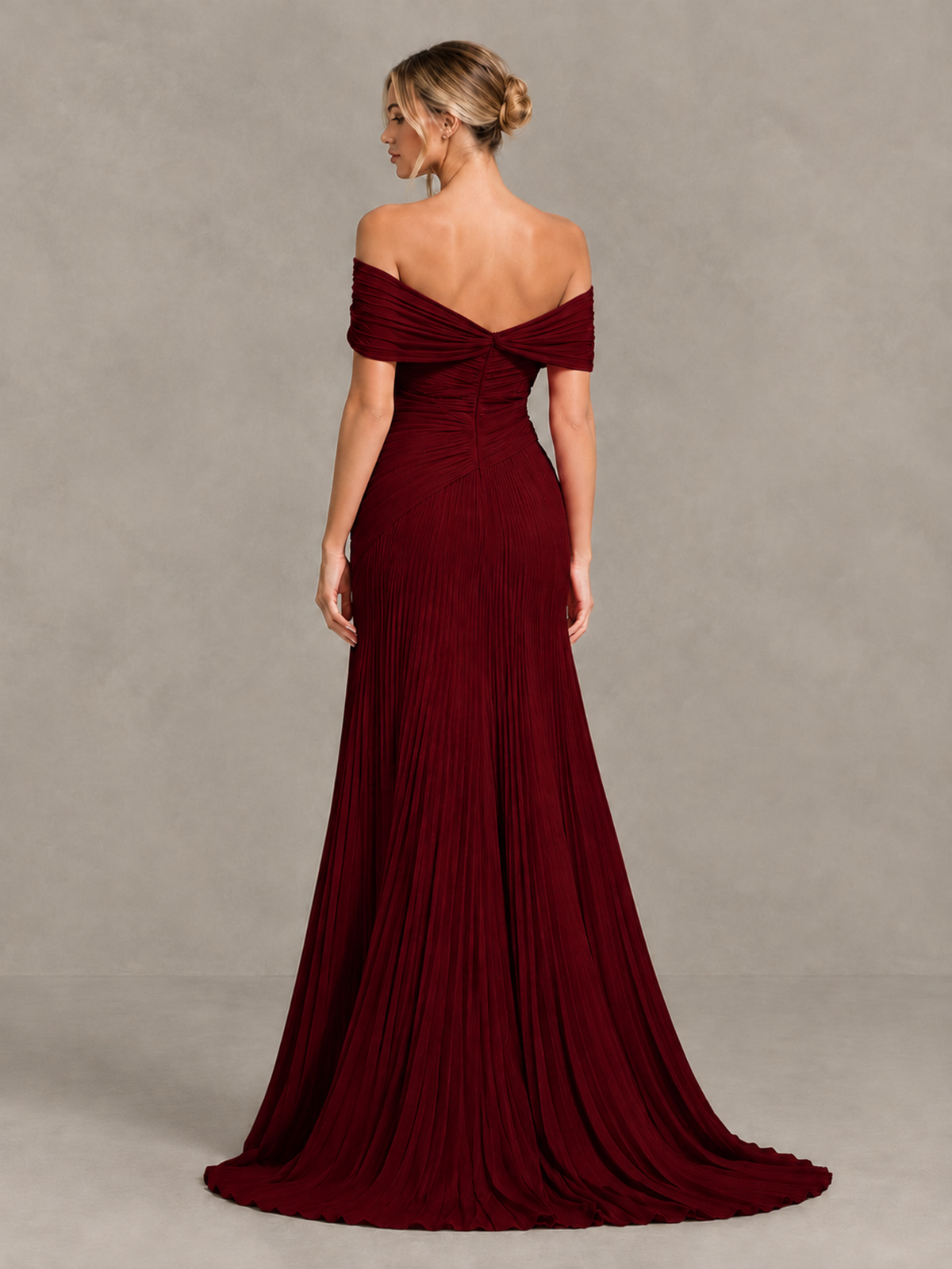 BOLODOO Burgundy Off-Shoulder Ruched Pleated Maxi Dress with High Slit - Burgundy - Burgundy (2)