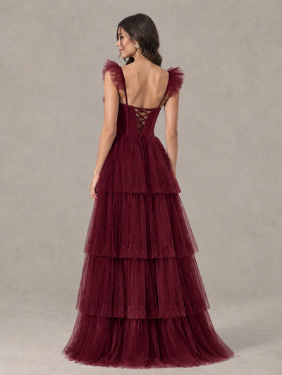 BOLODOO Burgundy Tiered Tulle Bridesmaid Dress with Slit - Burgundy - Burgundy (2)