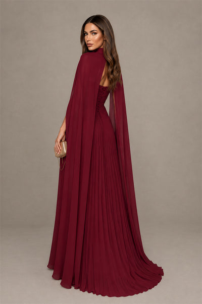 BOLODOO Burgundy Strapless Crossover Ruched Bodice Detached Turtleneck Cape Lace-Up Back Pleated Chiffon Maxi Dress - Burgundy