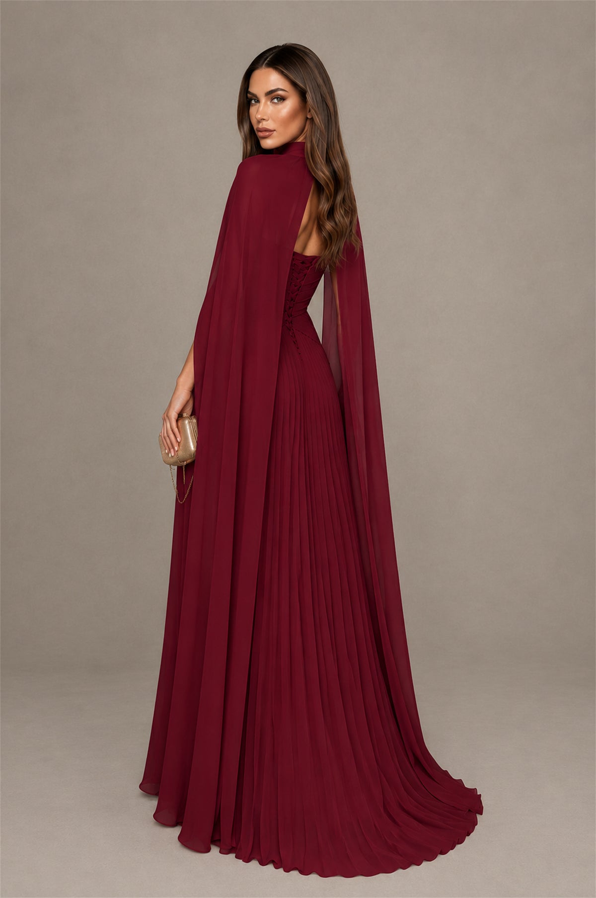 BOLODOO Burgundy Strapless Crossover Ruched Bodice Detached Turtleneck Cape Lace-Up Back Pleated Chiffon Maxi Dress - Burgundy