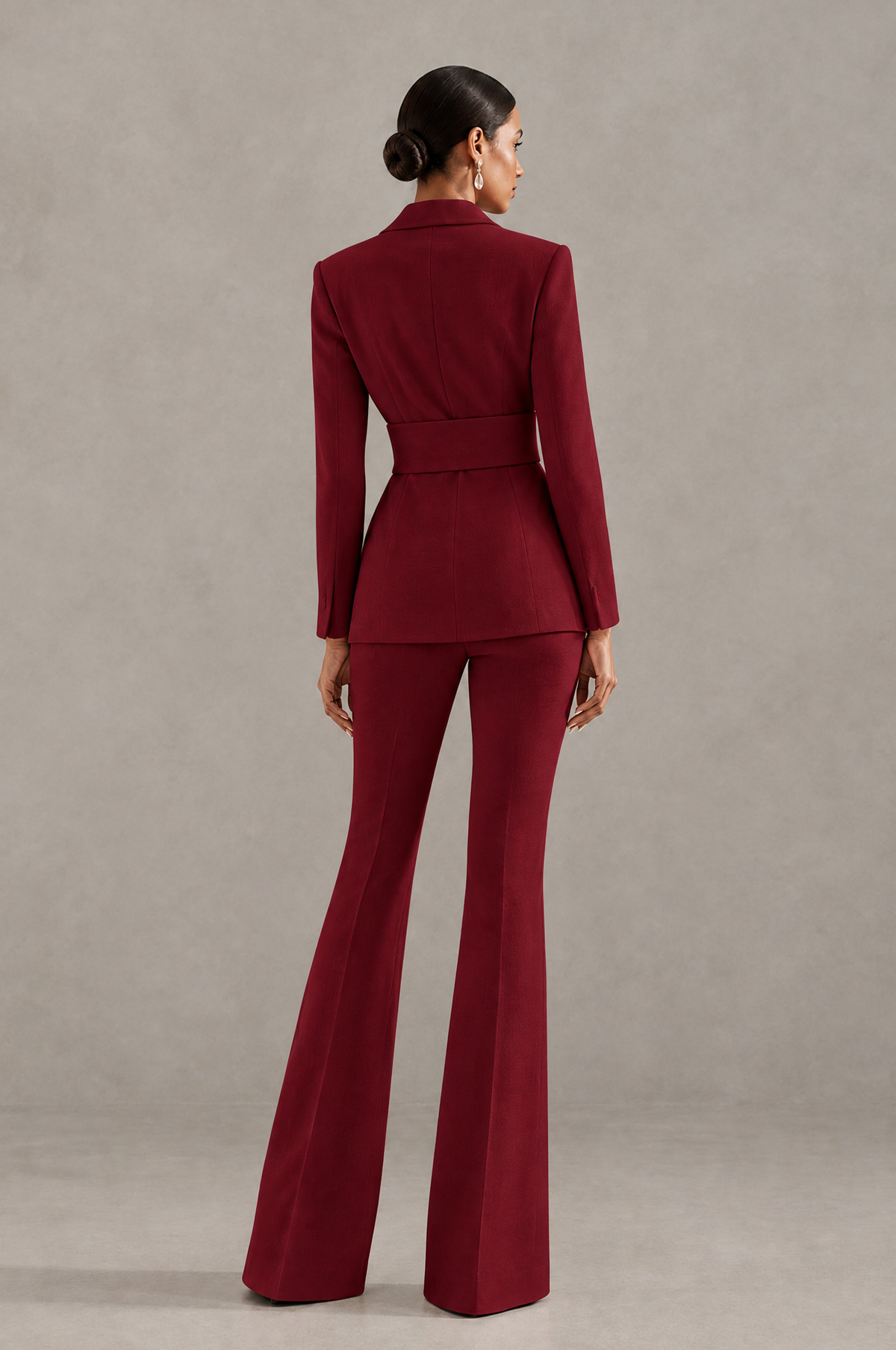 BOLODOO Burgundy Two-Piece Pantsuit with Tailored Blazer & Flared Pants - Burgundy - Burgundy (2)
