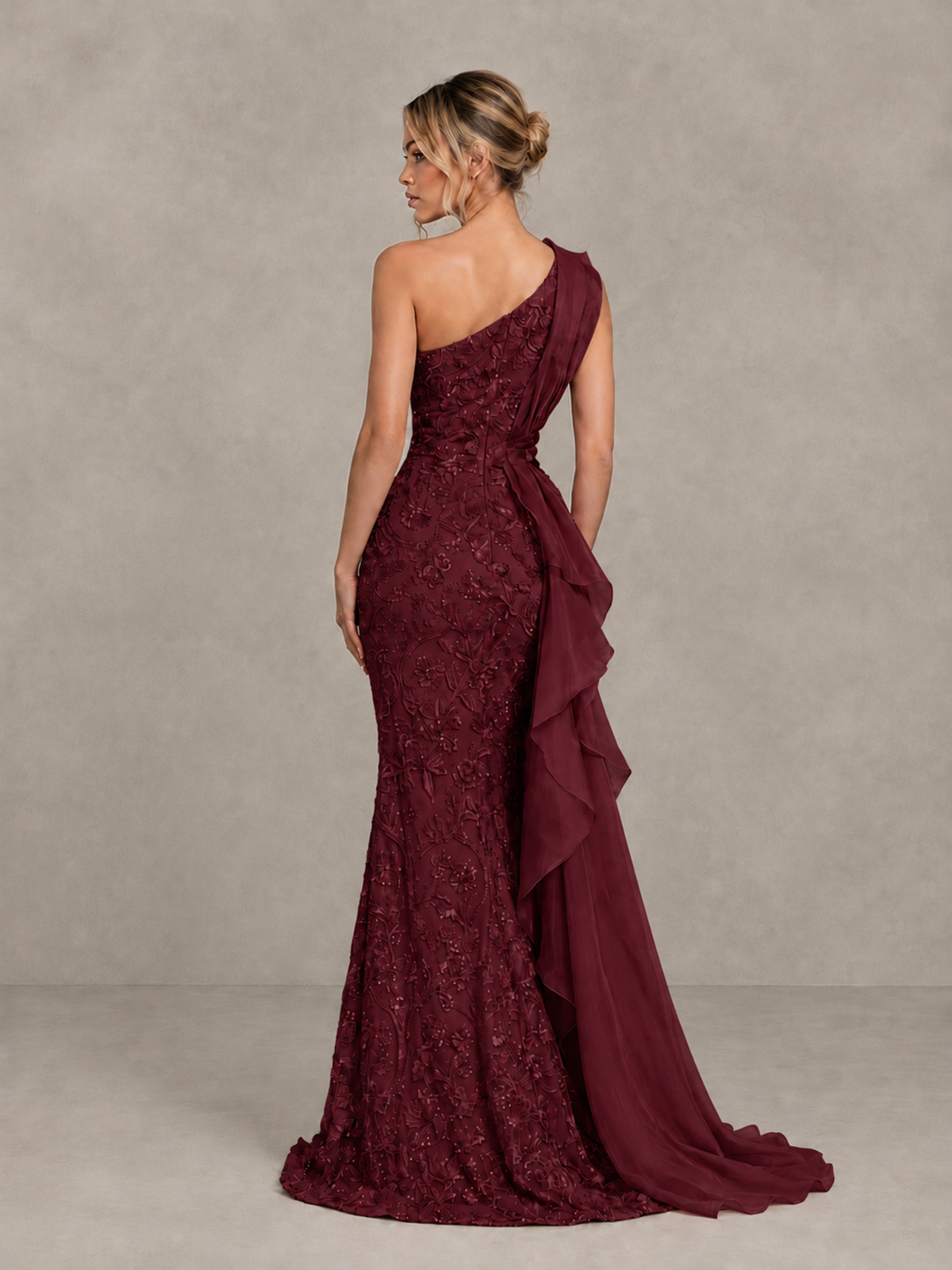 BOLODOO Burgundy One-Shoulder Floral Lace Evening Gown with High Slit - Burgundy - Burgundy (2)