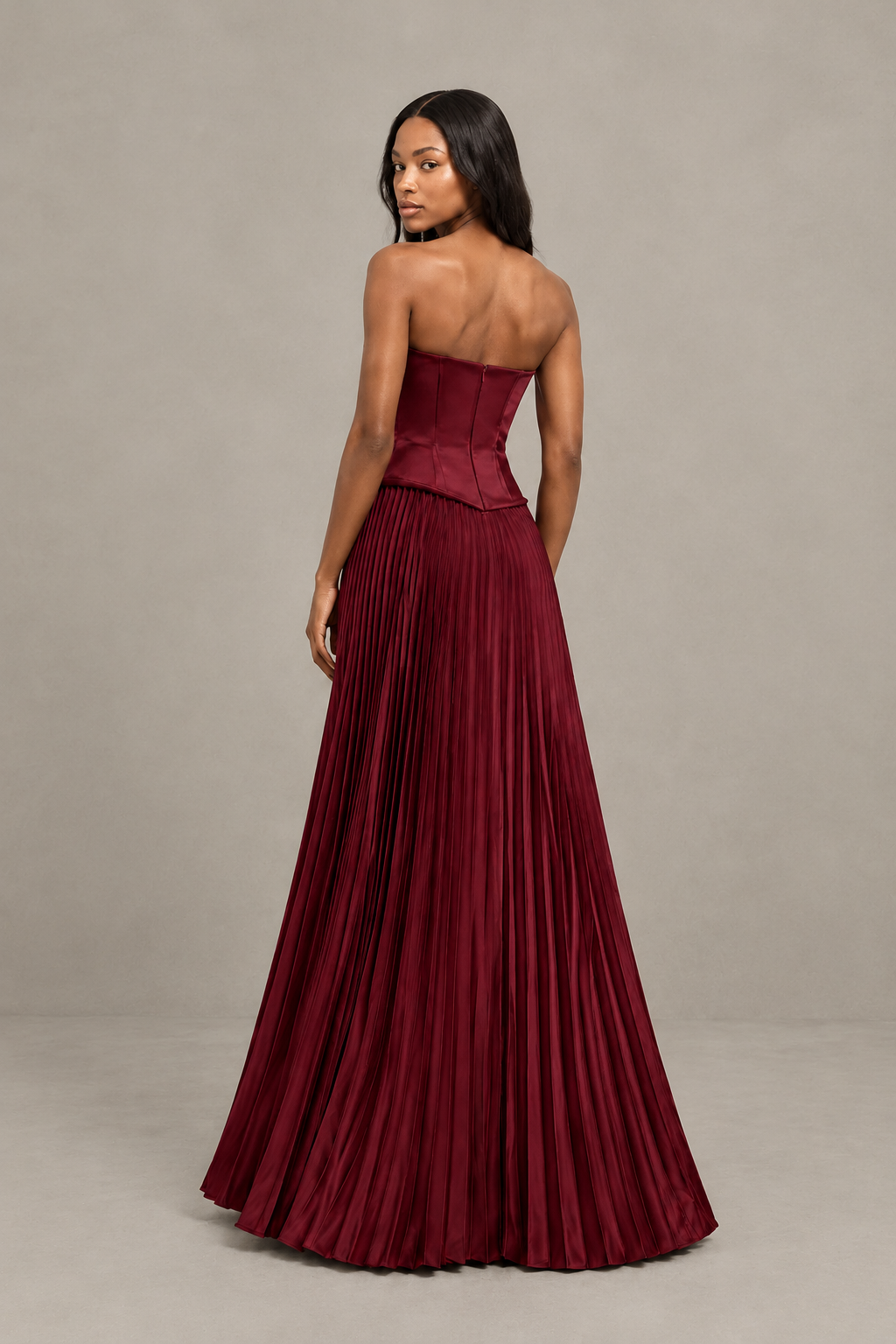 BOLODOO Burgundy Strapless Pleated Satin Evening Prom Dress - Burgundy