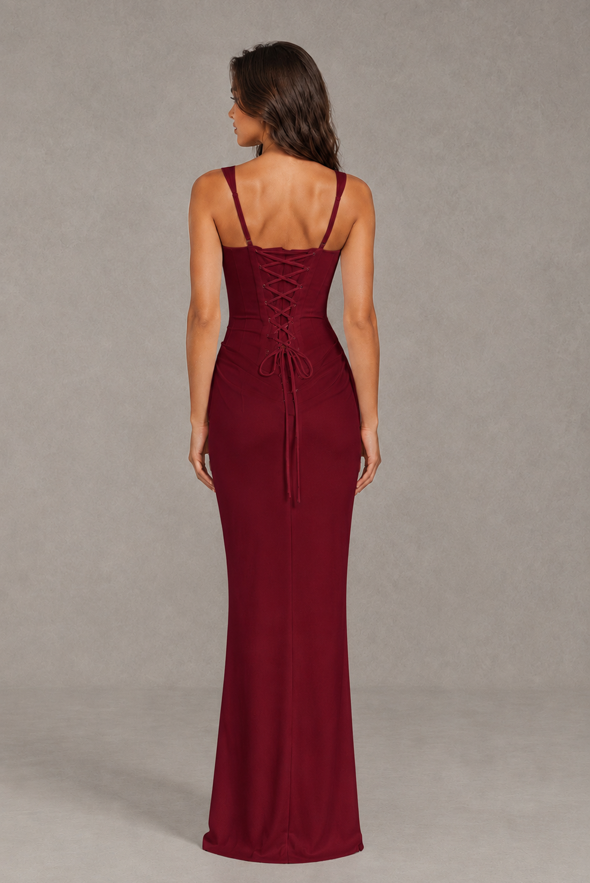 BOLODOO Burgundy Square-Neck Lace-Up Back Bridesmaid Dress - Burgundy