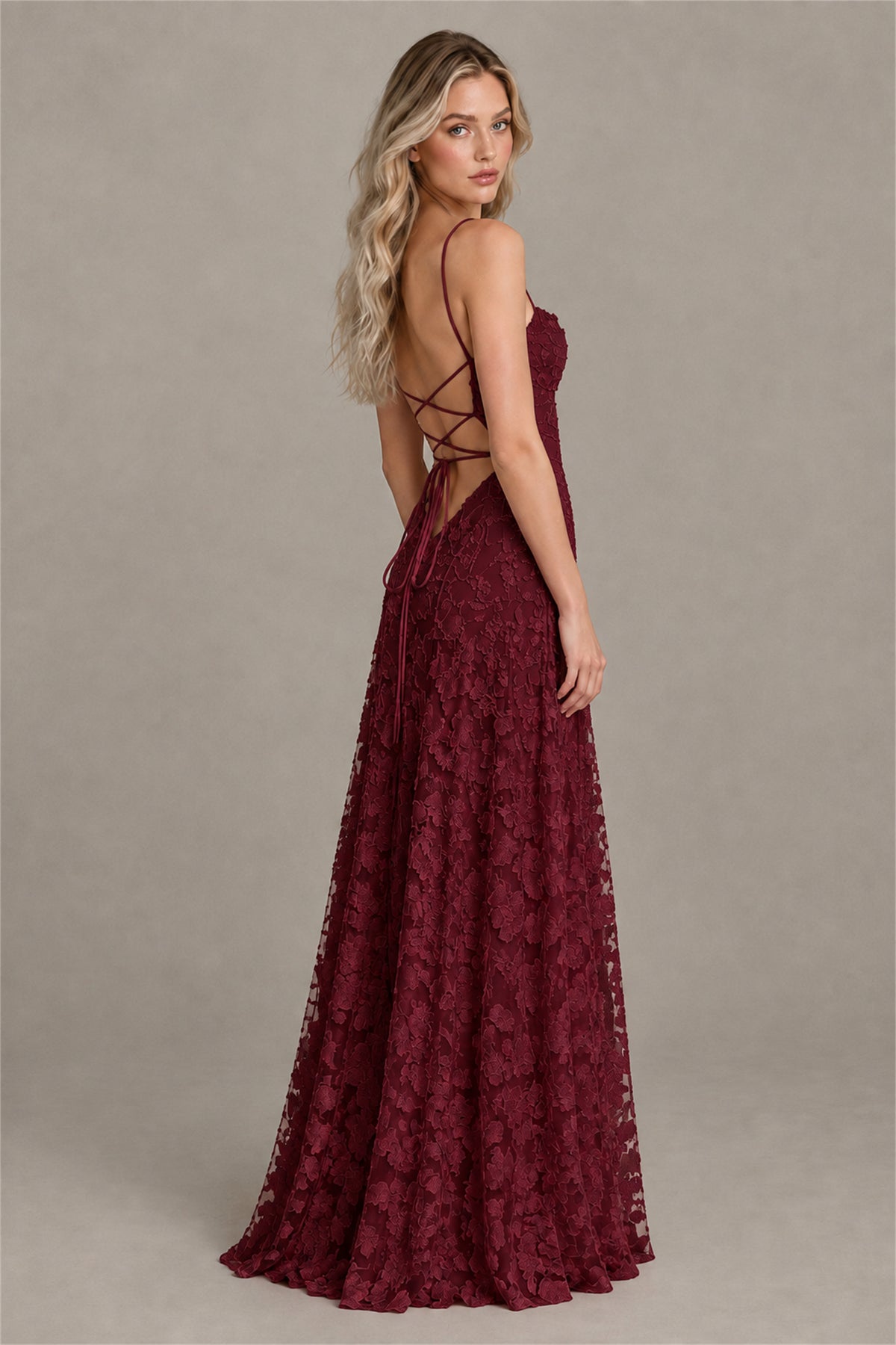 BOLODOO Burgundy Floral Appliqué Lace-Up Back Maxi Dress - Burgundy