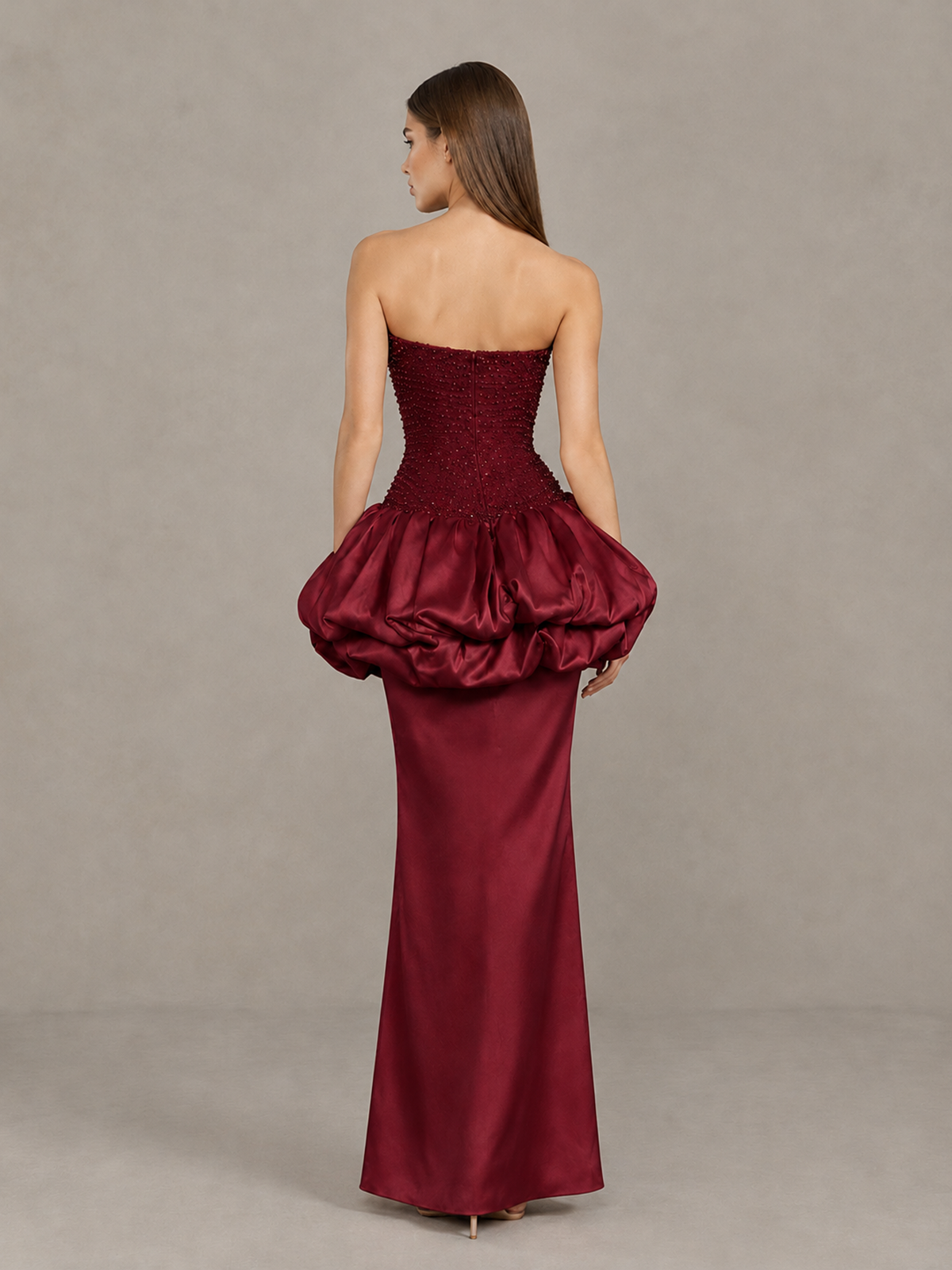 BOLODOO Burgundy Strapless Embellished Bubble Peplum Evening Dress - Burgundy - Burgundy (2)