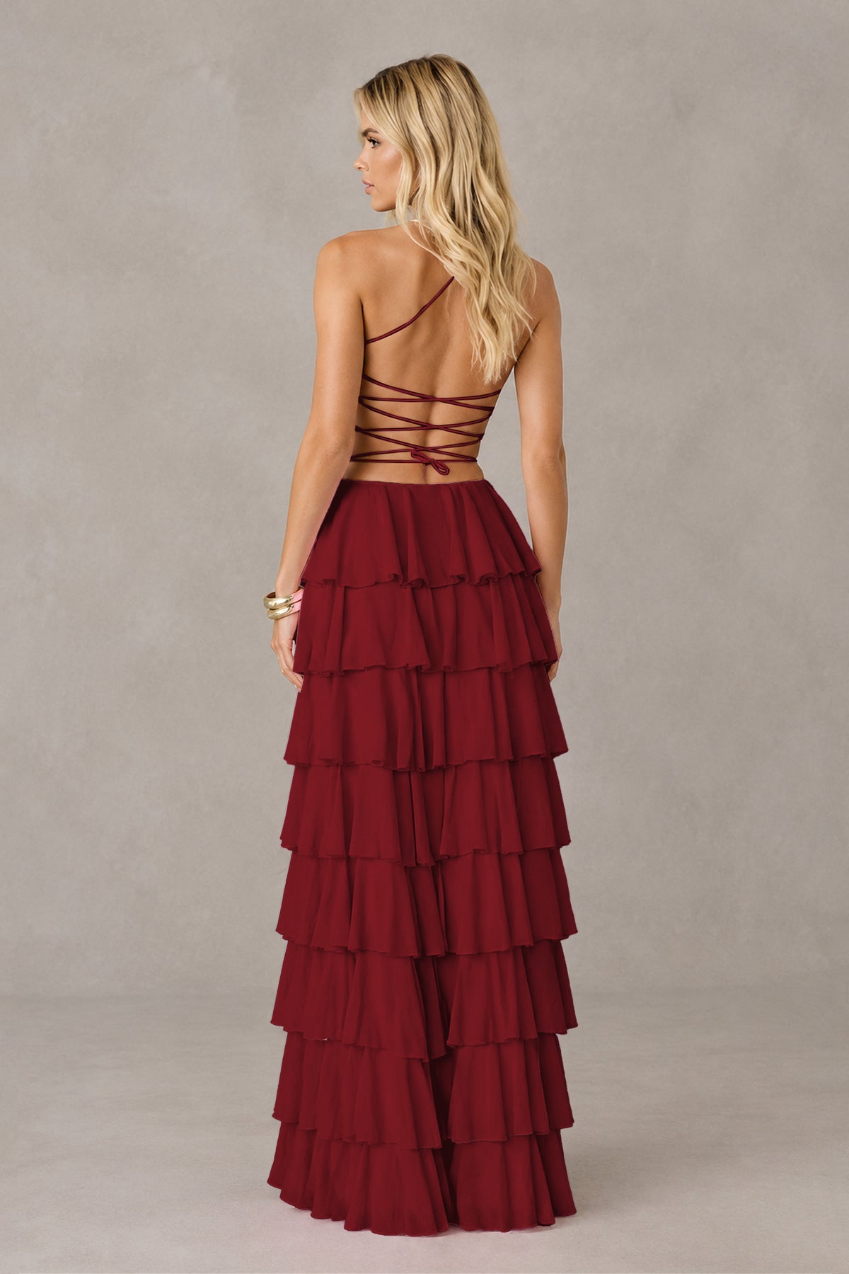 BOLODOO Burgundy Strapless Tiered Ruffle Maxi Dress with Slit & Lace-Up Back - Burgundy