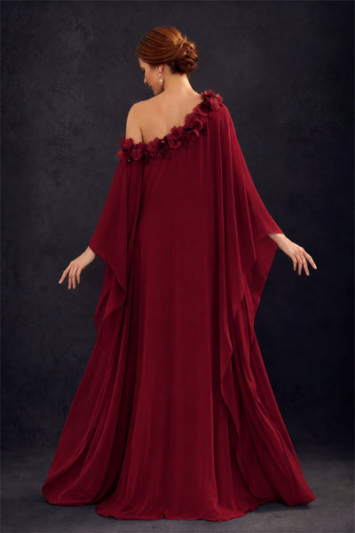BOLODOO Burgundy 2-Piece Set: Off-Shoulder 3D Floral Cape Gown & One-Shoulder Wide-Leg Jumpsuit | BD0373 - Burgundy