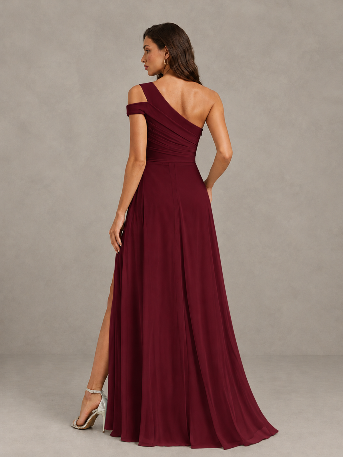 BOLODOO Burgundy One-Shoulder Bridesmaid Dress with Side Slit - Burgundy - Burgundy (2)
